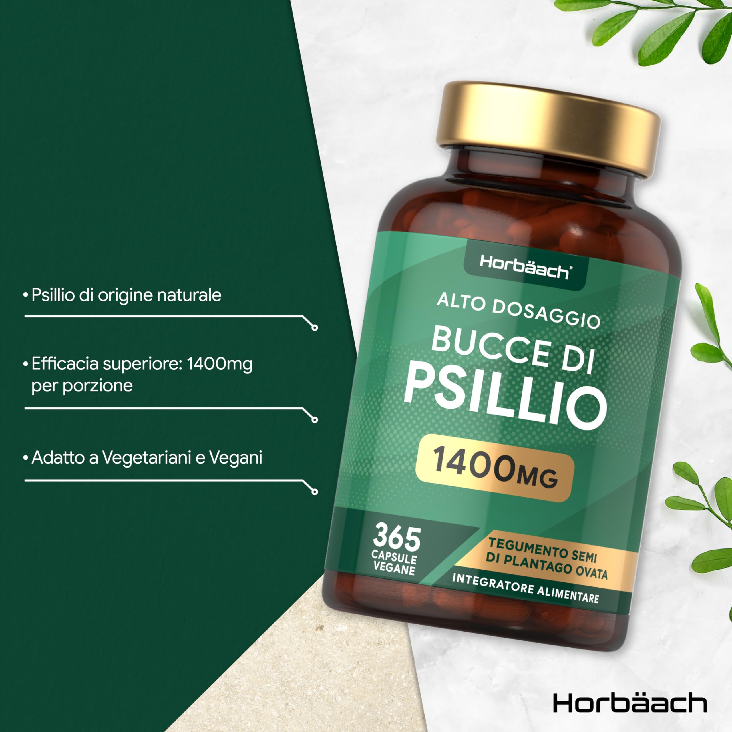 Psillio Capsule Alto Dosaggio 1400 mg | Buccia di Psillio in Polvere | 365 Capsule Vegane per 6 Mesi | Integratore di Fibre | Prebiotico Naturale | Psyllium Husk | di Horbaach