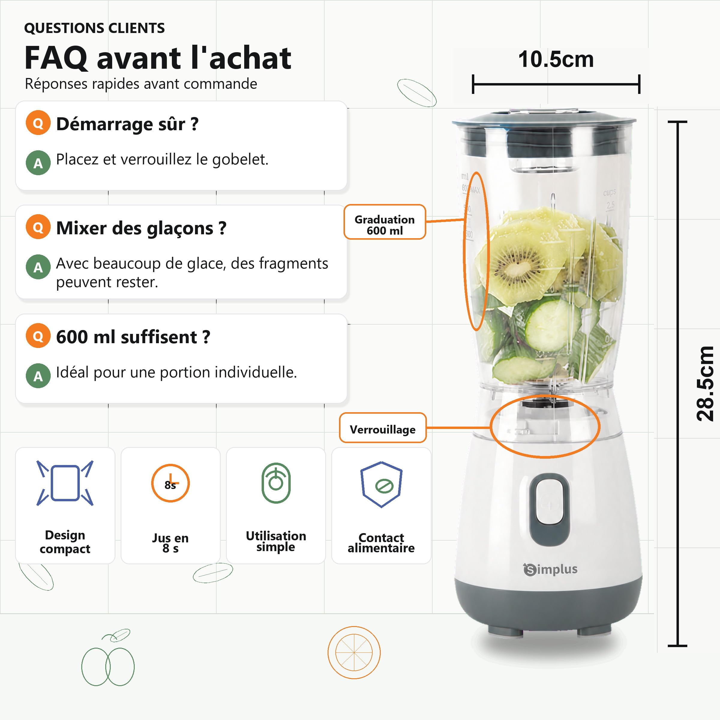SIMPLUS Blender Mixeur, 600ml Mini Blender, Blinder Mixeur avec 4 Lames Acier Inoxydable, 23000RPM, Extracteur de Jus Électrique pour Fruits, Shake, Smoothie et Aliments pour Bébés, Sans BPA, Blanc