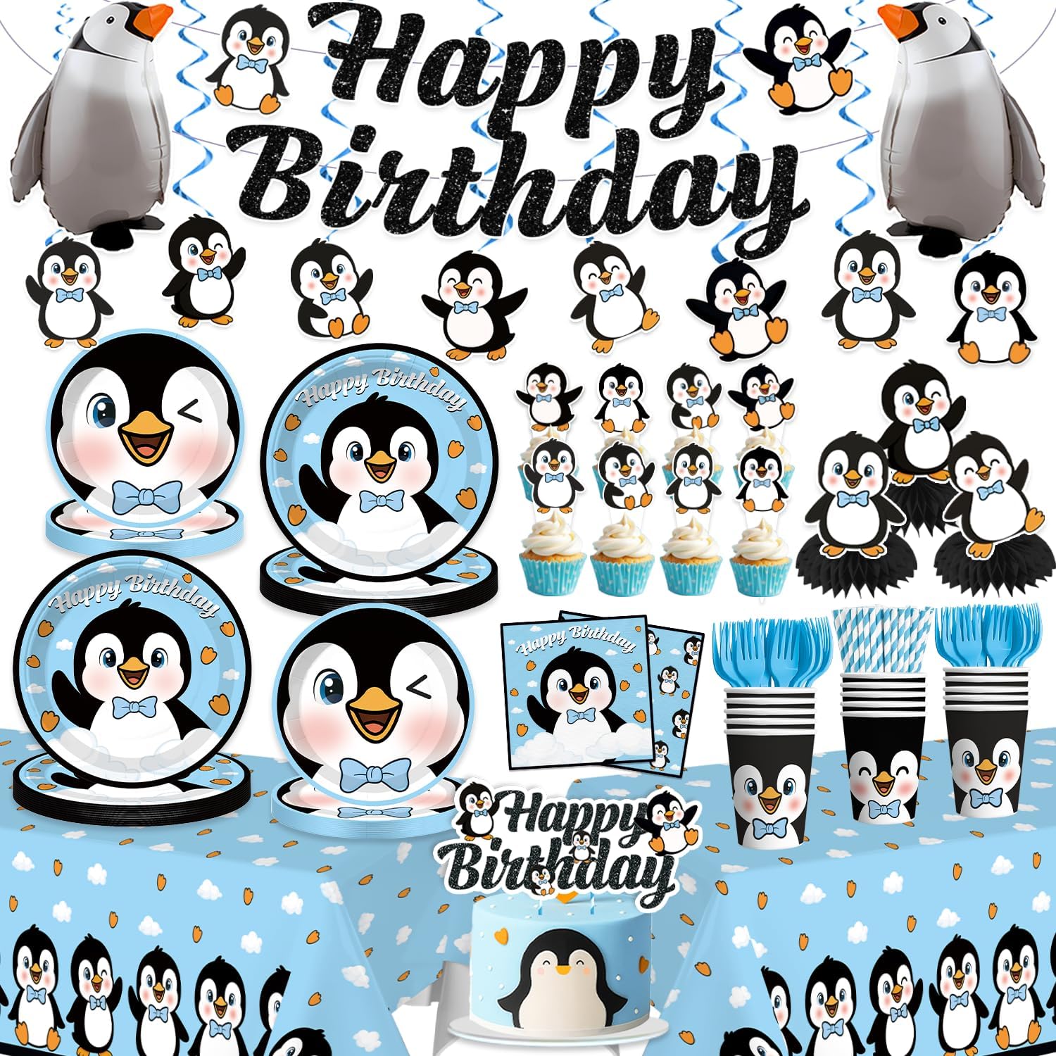 Xynic 329pcs Penguin Birthday Decorations Tableware Complete Party Set, Penguin Party Decorations Serves 50 Guests, includes PenguinTheme Paper Banner Cake Topper Balloons Plates Napkins Cups, etc