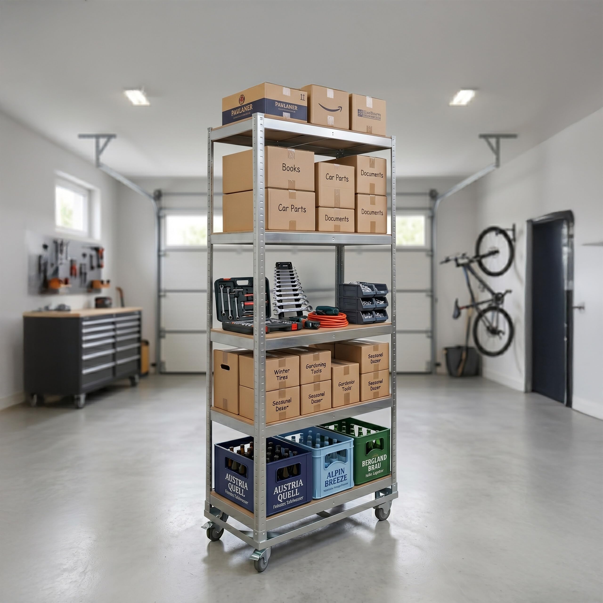 Relaxdays Scaffale pesante con ruote HxLxP 191 x 90 x 45 cm, 750 kg, 5 ripiani, acciaio, montaggio a incastro, argento