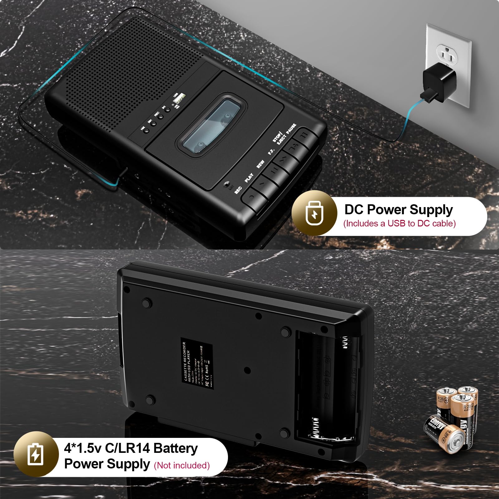 Lecteur Cassette Portable,Enregistreur de Cassettes,Convertisseur Numérique de Cassettes vers Disque Flash USB, Haut-Parleur Intégré, Poignée Rétractable