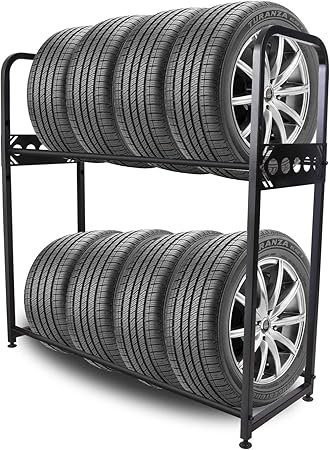 Amazon Rosefray タイヤラック タイヤスタンド 2段式タイヤラック スチール 幅111 5 奥行38 高さ110 5cm 8本 タイヤ収納 耐荷重300kg M タイヤラック カバー 車 バイク