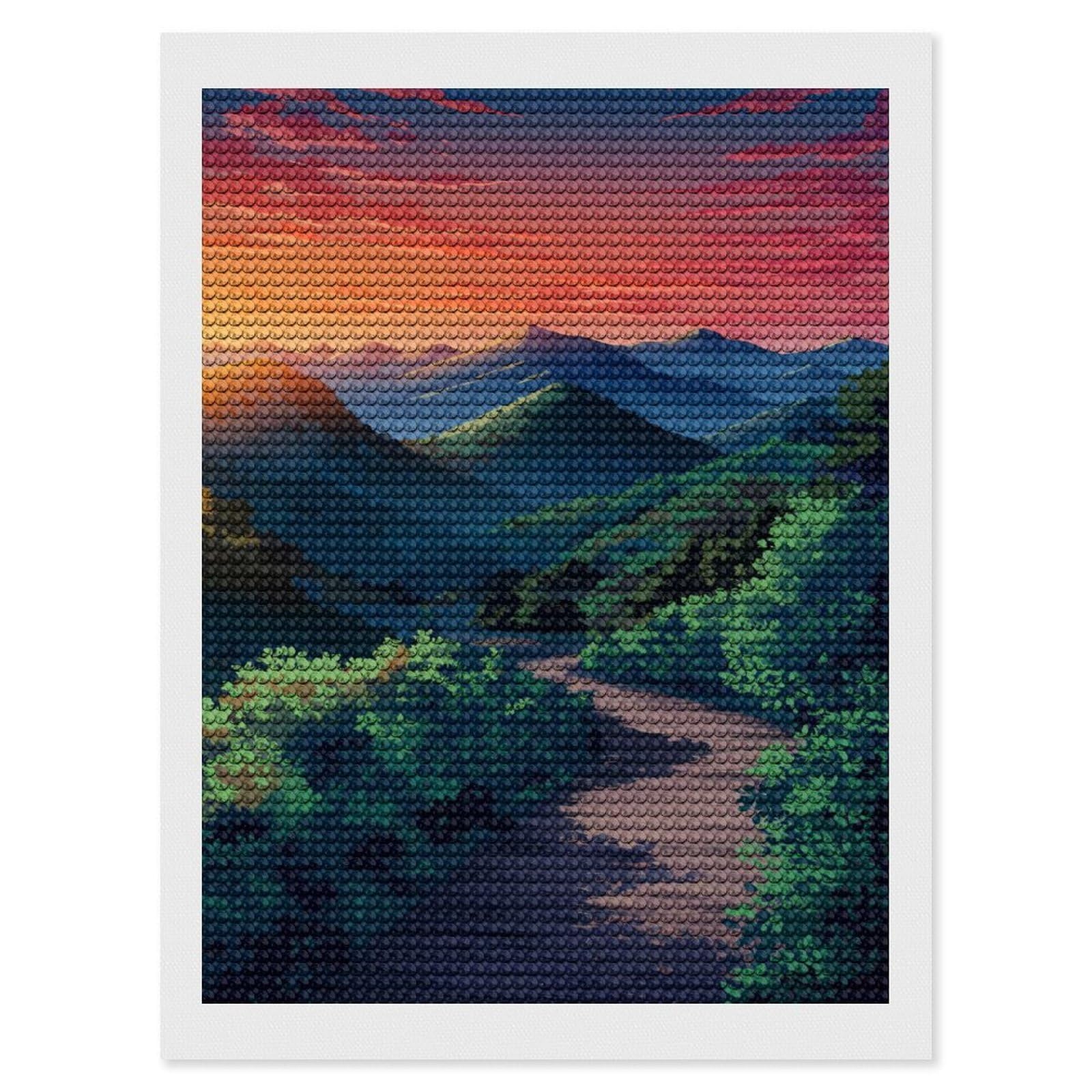 Junmoney Mountain Path at Sunset Diamond Art Canvas 12"x16", for Creative Relaxation, Simple to Start, Aesthetic Room Decor, Holiday Gift Idea