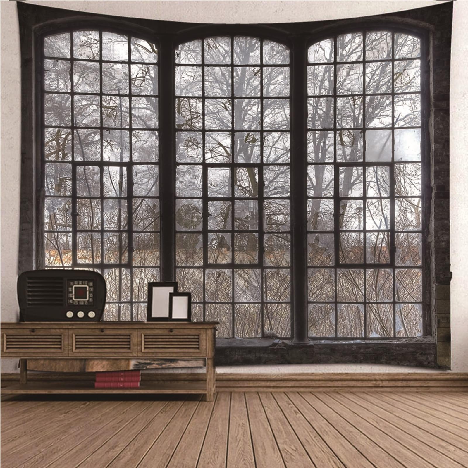 Lieson Wandteppich Fenster und Baum, Wandtuch Grau Wandbehang für Wohnzimmer Wohnheim Heimdekoration, 260x240CM