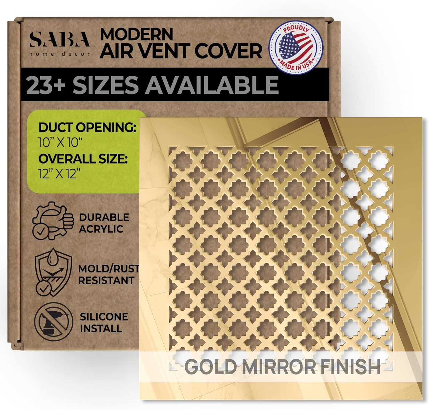 SABA Home Decor Air Vent Cover Grille - Acrylic Fiberglass 10 x 10 Duct Opening (12 x 12 Overall) Gold Mirror Finish Decorative Register Covers for Walls and Ceilings NOT for Floor USE, Venetian