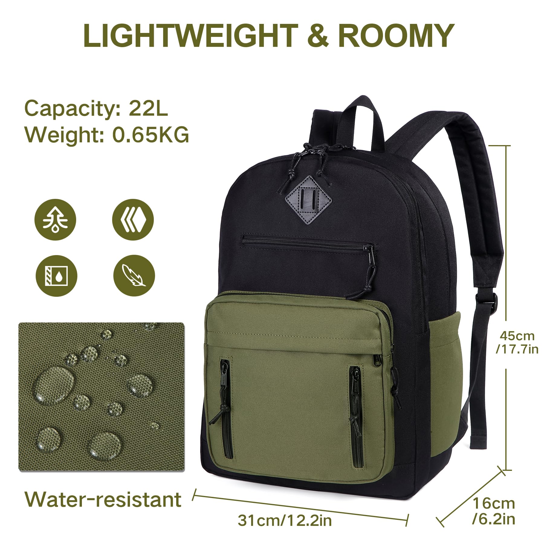 VASCHY School Backpack,Two Compartments Daypack Bookbag Schoolbag for High School Teen Boy Girls/College/Work/Men Bi-color