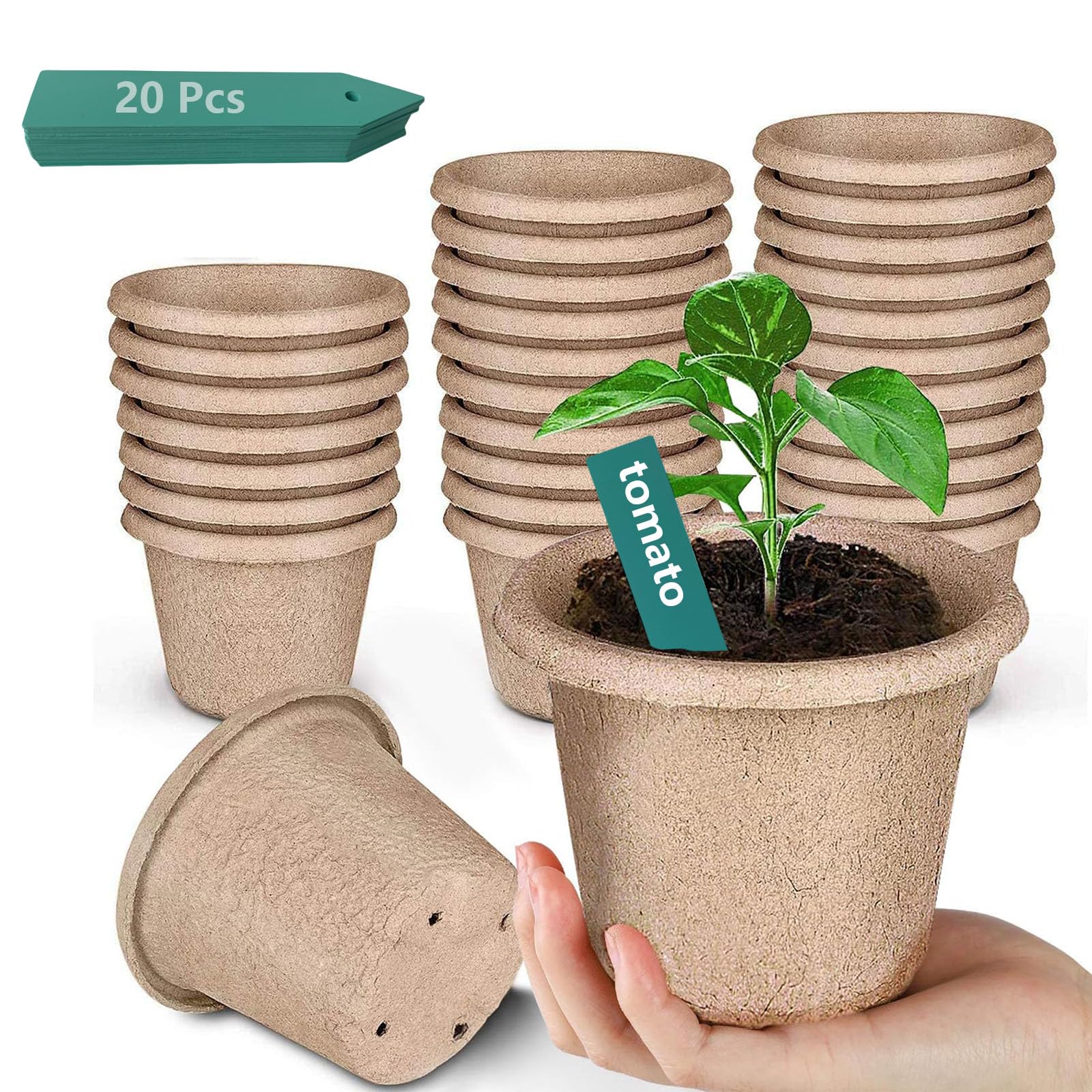 ANGTUO 30 Pcs Peat Pots for Seedlings, 4.33 inch Biodegradable Seed Nursery Pot with Drainage Holes, Seedling Pots Include 20 Labels