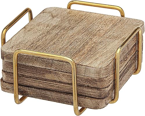 Godinger Posavasos de madera con soporte - 4 pulgadas, juego de 4