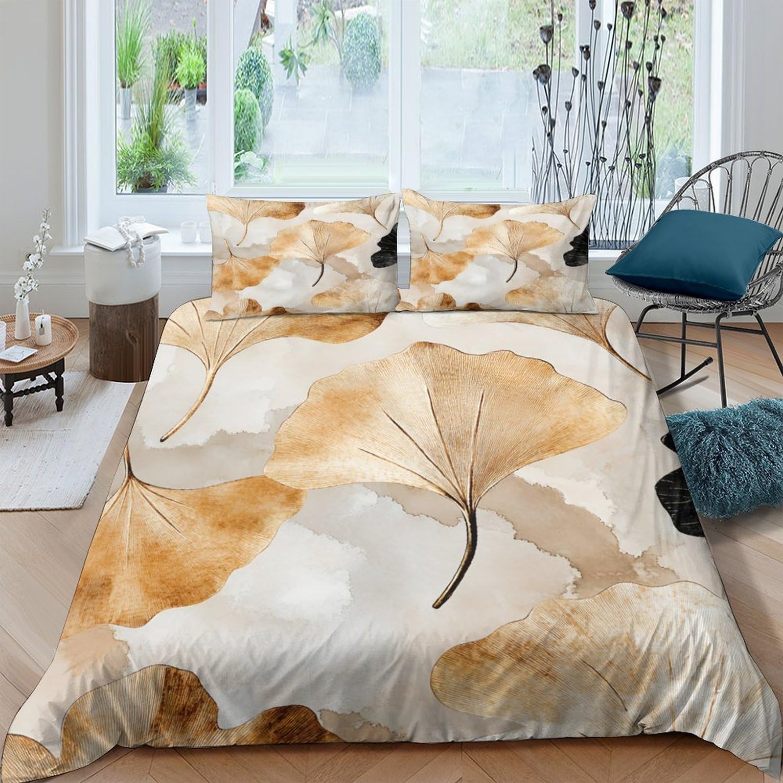Ctjqhvkz Style-4 3D Printed Watercolor Ginkgo Leaf Fitted Sheet Microfiber Soft Beige Gold Abstract Mattress Cover For Bedroom Dorm Decor Single（135X200cm）