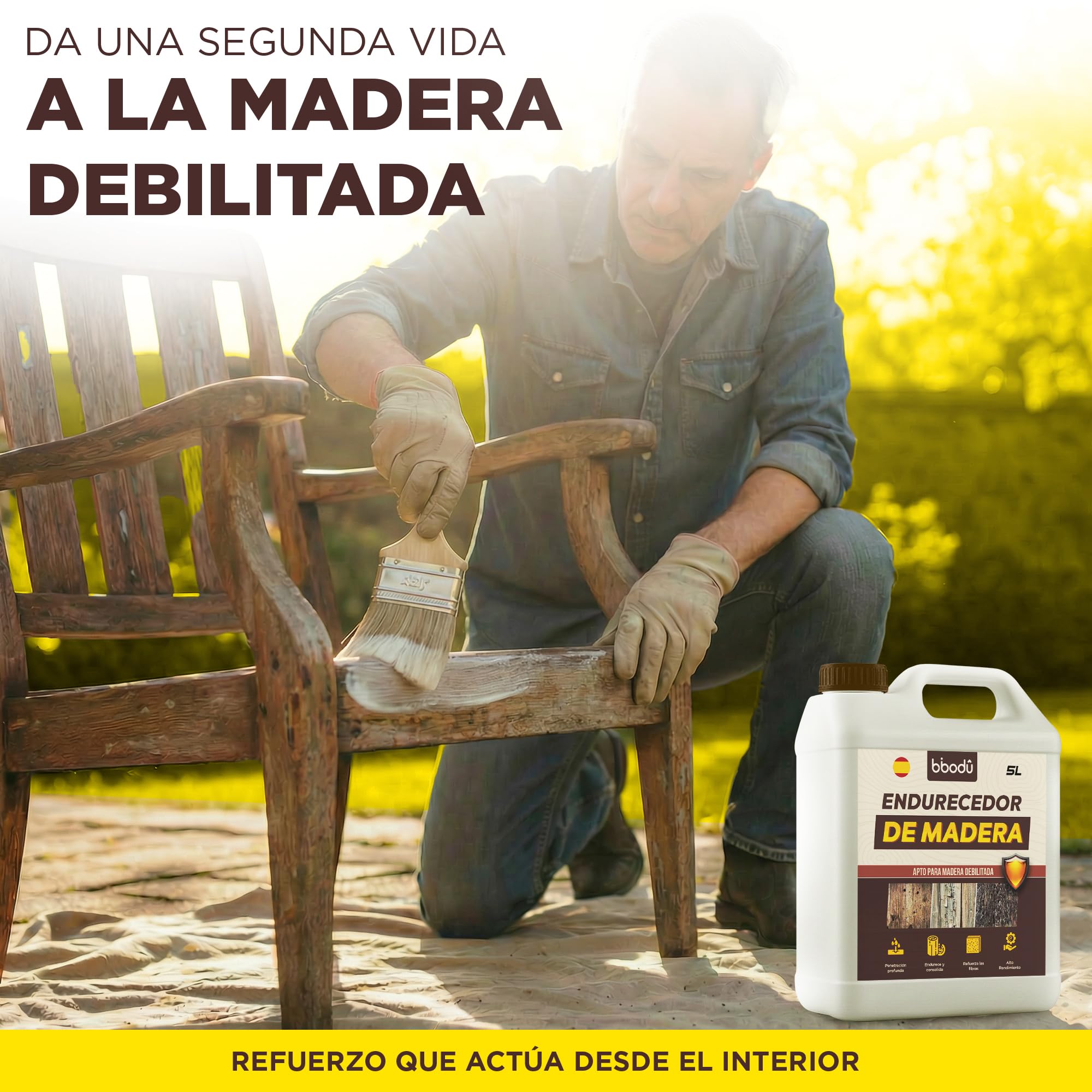 Endurecedor de Madera 5L de Alta Penetración | Consolida & Refuerza Madera Blanda, Carcomida o Deteriorada | Interior y Exterior