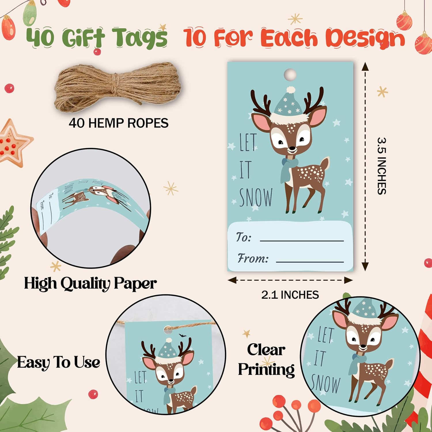 Merry Christmas Paper Gift Tags, 40 Pcs Xmas Holiday Name Tag with String for Gifts Bags, Happy New Year Presents Wrapping for Party Decoration Supplies - B04 - Image 2