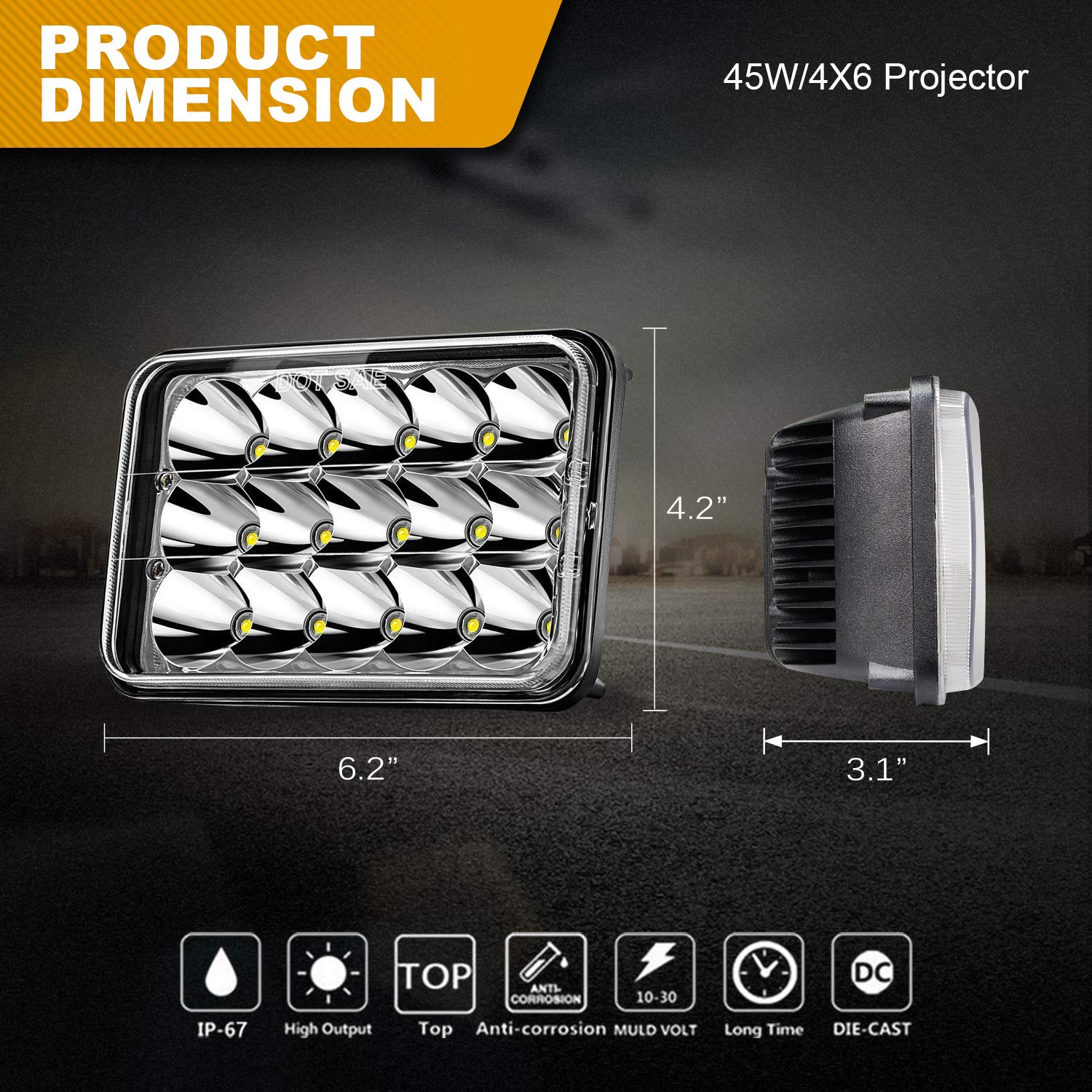 (4pcs) Dot Approved 4x6 inch LED Headlights Rectangular Replacement H4651 H4652 H4656 H4666 H6545 for Peterbil Kenworth Freightinger Probe Oldsmobile Cutlass