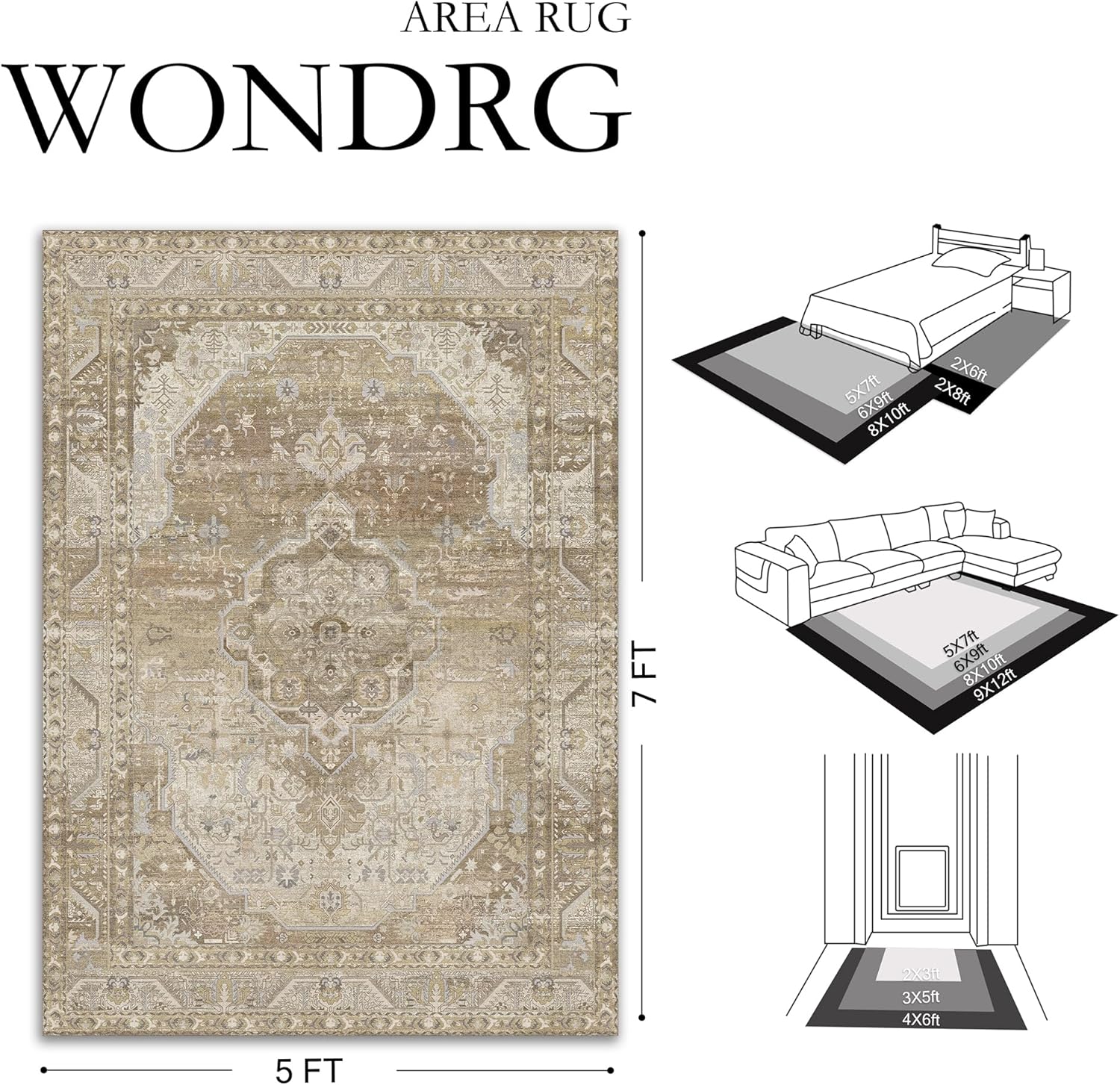 8x10 washable vintage area rug for living room bedroom non slip distressed traditional soft large throw rug beige brown low pile lightweight floral carpet office indoor classroom dining room 8'x10' retro | beige brown