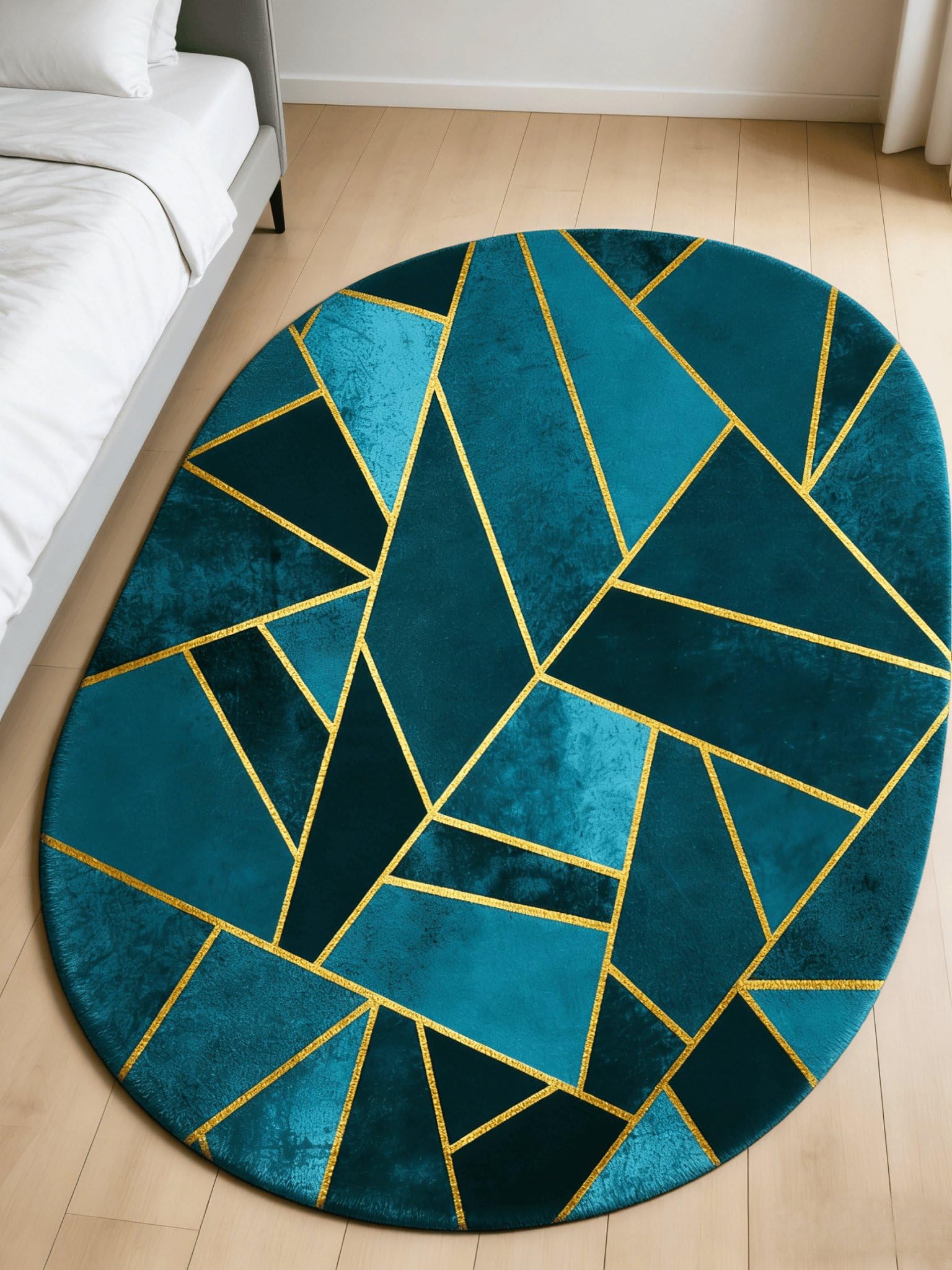 Tapis moderne à poils courts pour salon, chambre à coucher, motif géométrique patchwork en plusieurs couleurs, bleu sarcelle, 100 x 100 cm