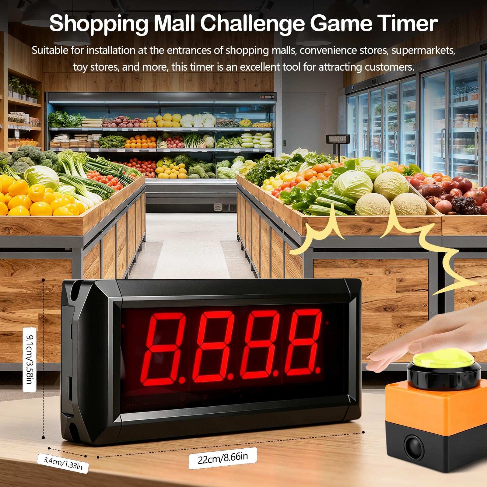 10 Sekunden Spiel Timer, LED Countdown Timer Herausforderung Spiel Maschine mit Fernbedienung Sekunden Zeitschaltuhr Buzzer mit Stoppuhr AC 100-240V für Einkaufszentrum Geschäft Supermarkt