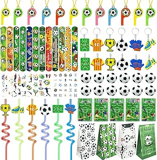 Joyvorite 158 PCS Soccer Party Favors Set with Soccer Goodie Bags Soccer Slap Bracelets Soccer Straws Puzzle Tattoo Stickers Erasers Keychains Whistle Soccer Party Supplies Soccer Party Decorations