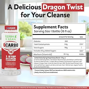 Herbal Clean Qcarbo16 Same-Day Detox Cleanse Drink (16 fl oz) - Dragon Fruit Flavor Full Body Cleanse* Detox Drink for Moderate Toxin Level*, Vitamin B2 and Vitamin B12 for Men & Women