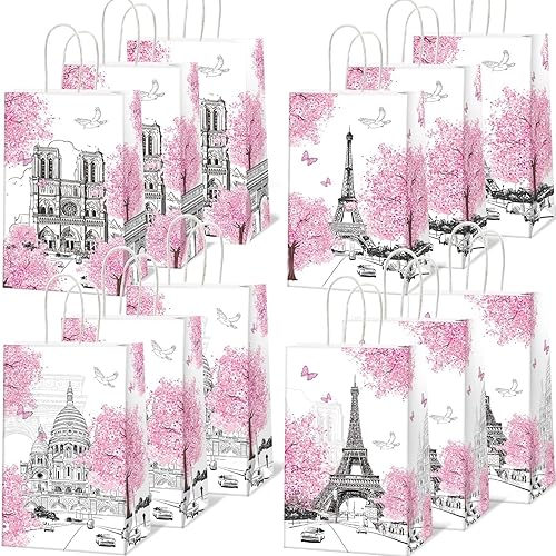 12 bolsas de regalo de la Torre Eiffel de París, bolsas de golosinas para fiestas de París, bolsas de regalo de la Torre Eiffel rosa, bolsas de