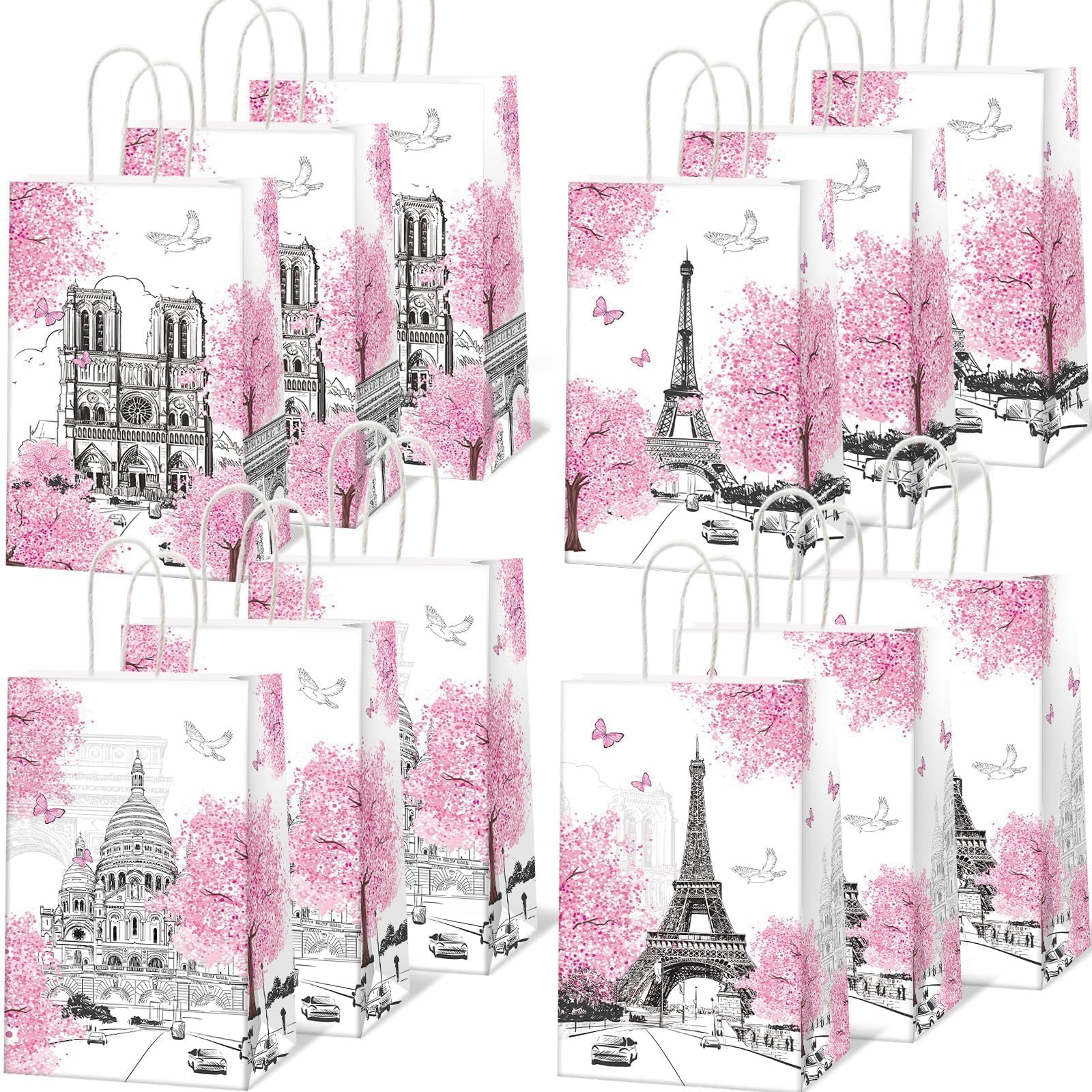 12 PCS Paris Eiffel Tower Gift Candy Bags for Spring Party, European City Landscape Treat Bags for Kid Boy Girl Baby Shower Birthday Wedding Supplies - Pink