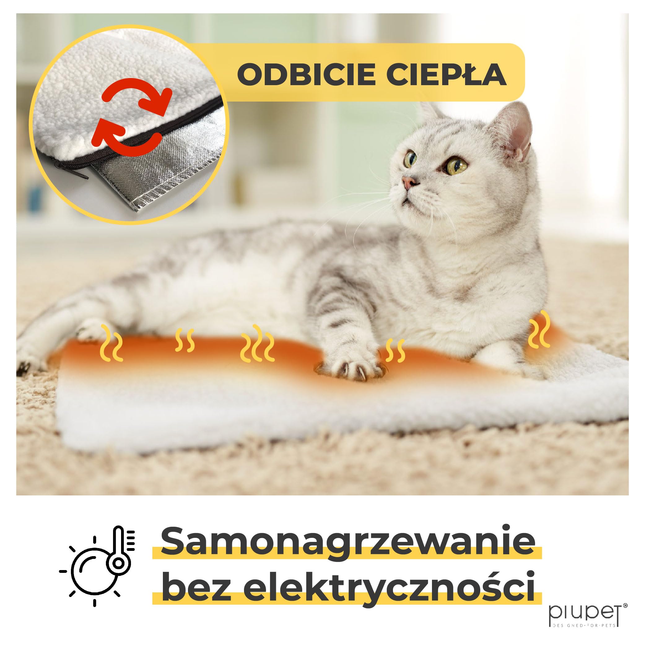 PiuPet® Samonagrzewający się Koc dla Kota 60x45cm | Mata Bez Prądu | Antystresowy Koc dla Kotów Domowych | Biały