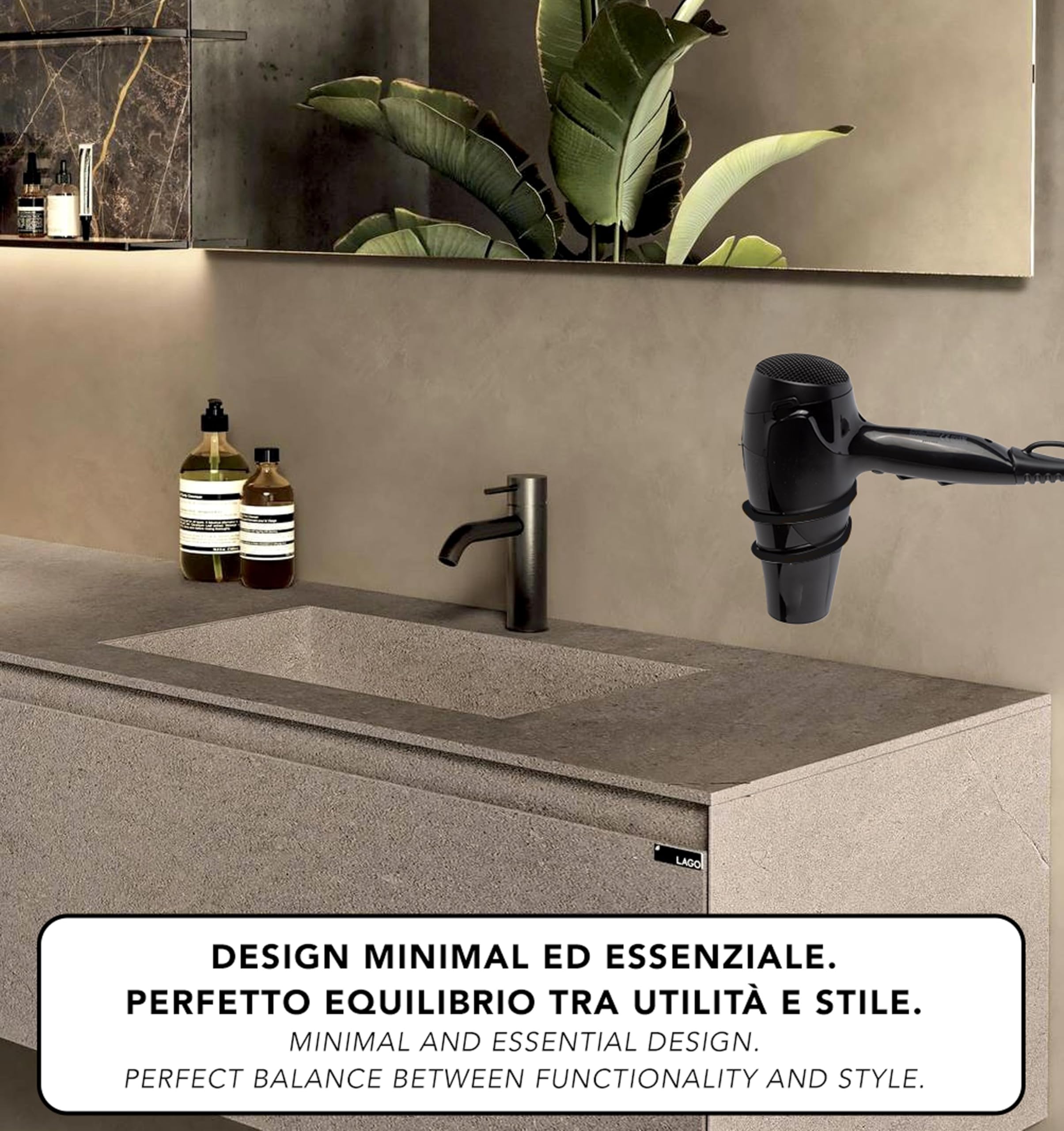 IPEA Porta Asciugacapelli Autodesivo da Parete - NON NECESSITA FORATURA - Design Moderno - Elegante Porta Phon Adesivo da Muro per Phon da Incollare in Bagno e Casa - Supporto