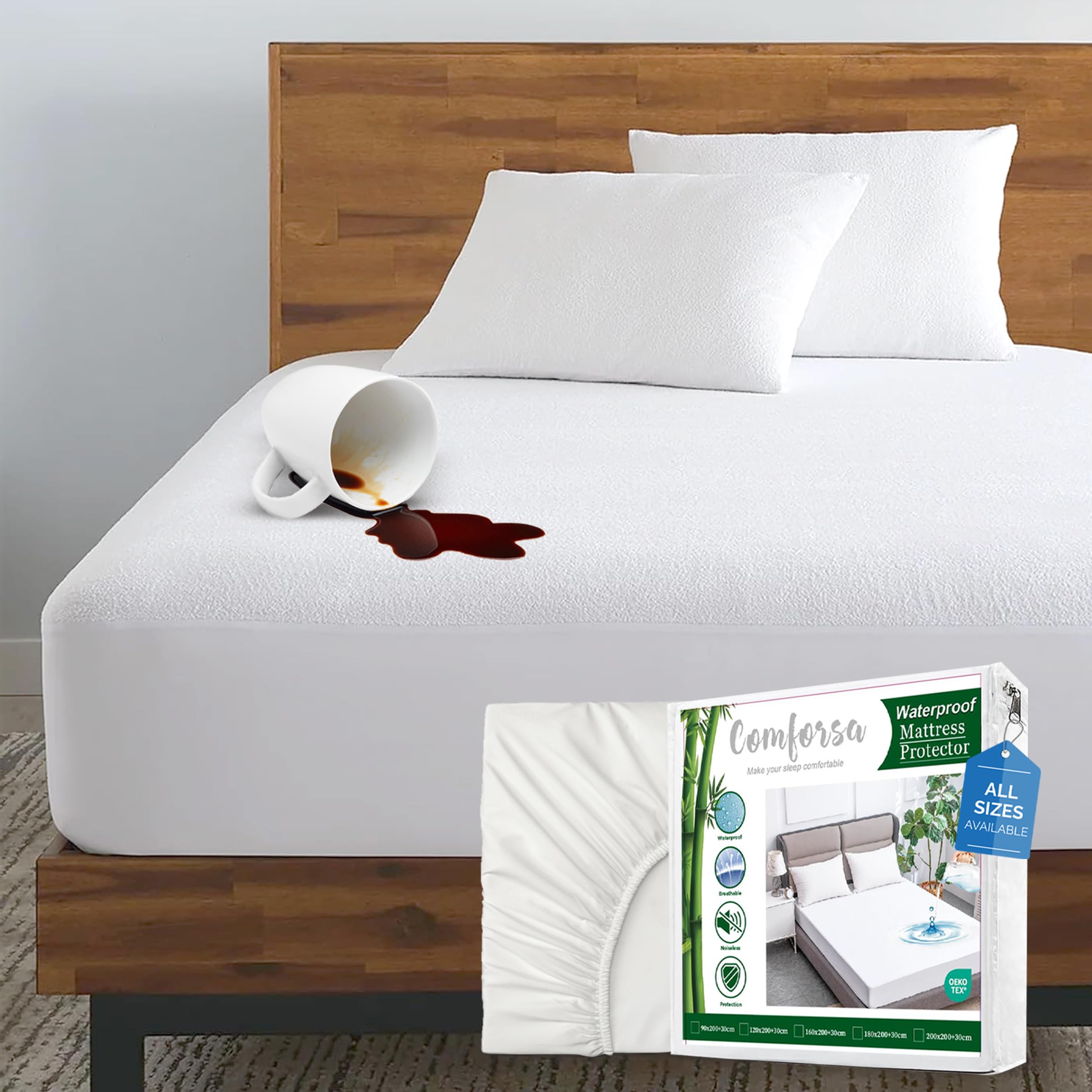 100% Waterproof Mattress Protector Twin Size, Fitted with Stretchable Pockets Machine Washable Cotton Premium Terry Mattress Cover 200 GSM, Breathable (Twin (120x200x30)