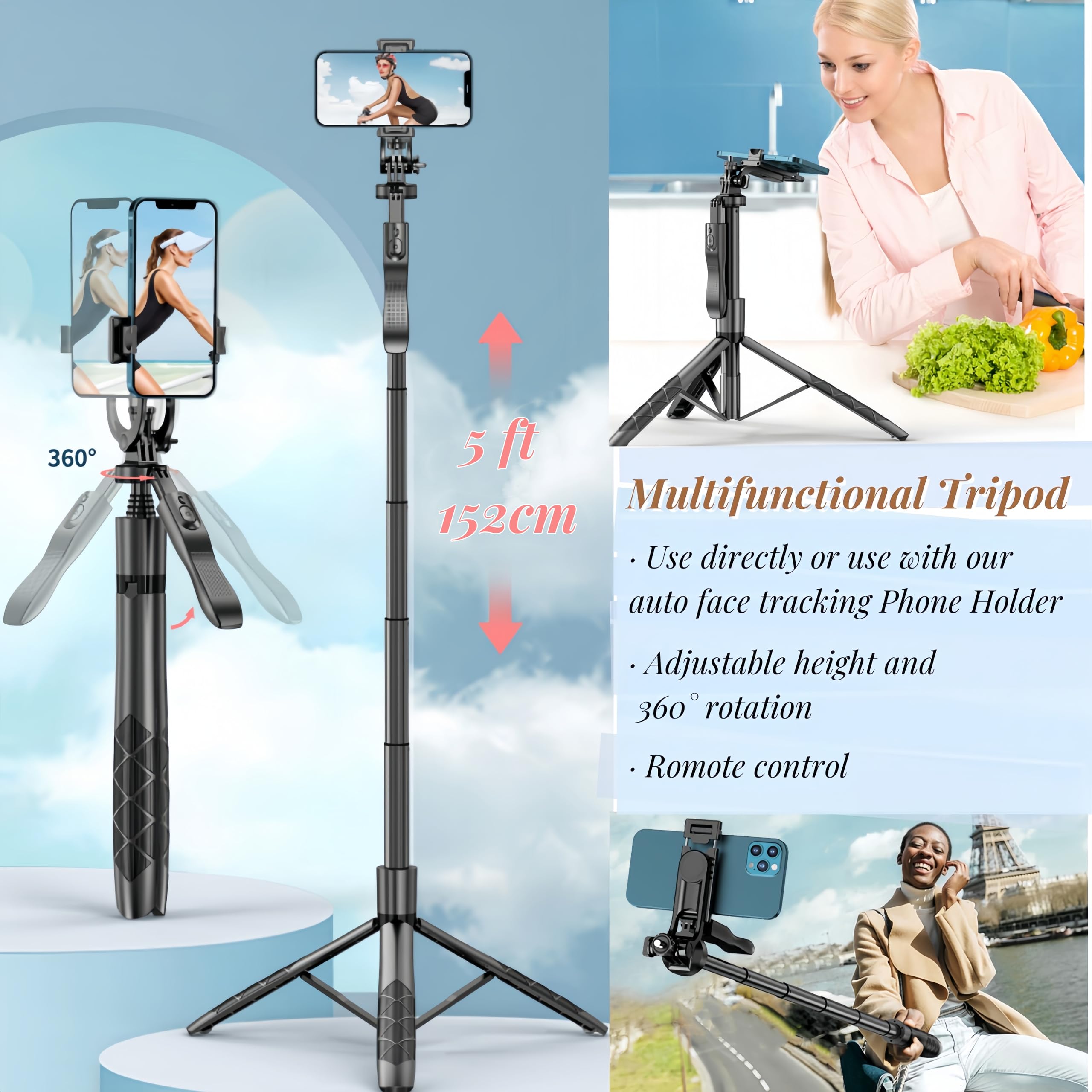 Treppiede estensibile con tracciamento automatico del volto 360 ° Rotazione, nessuna app, supporto per telefono con sensore di movimento da 64 Supporto per fotocamera per video Vlog  44