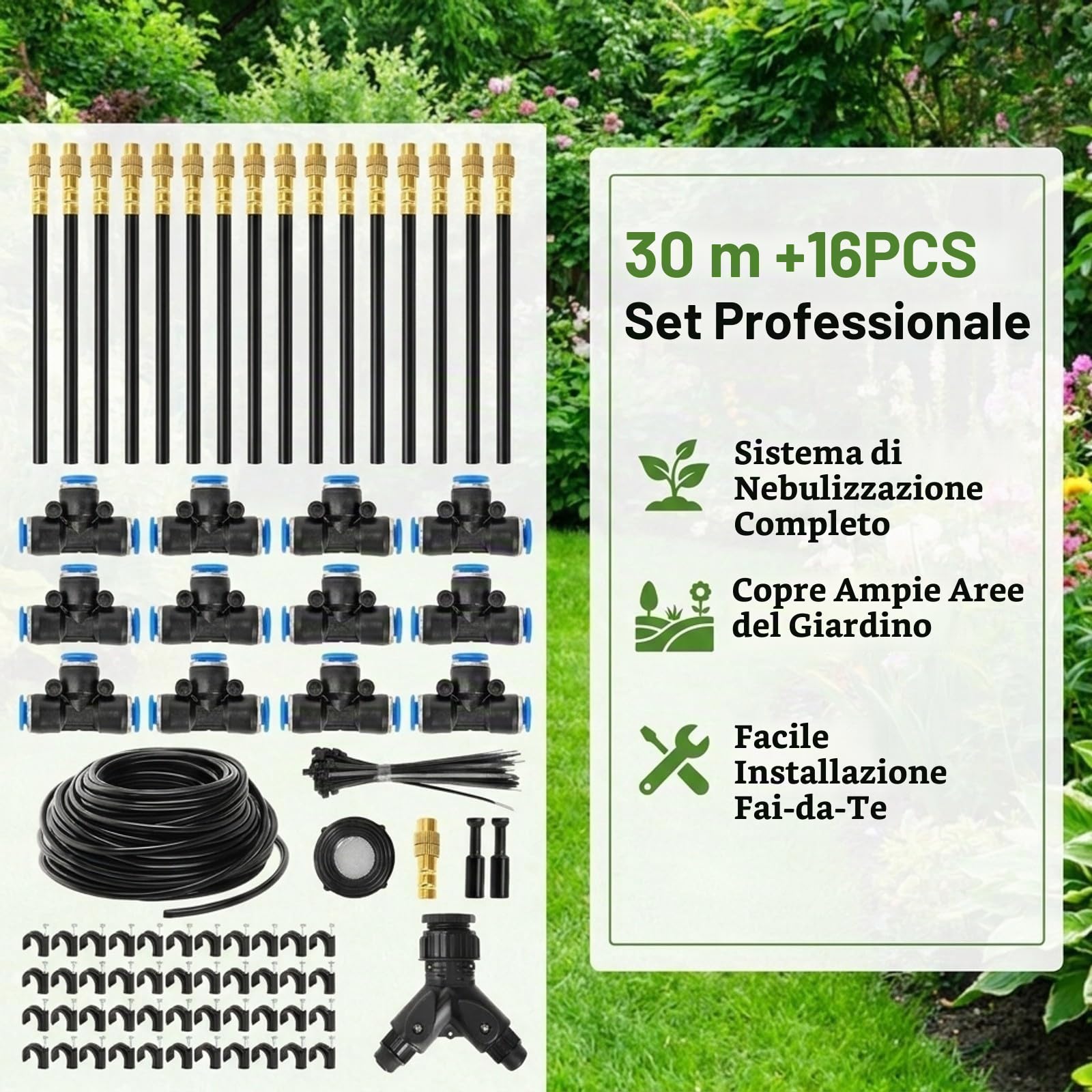 Sistema Di Irrigazione Automatico 30m, 16 Ugelli Regolabil, Kit di Nebulizzazione 6mm in Ottone, Risparmio Idrico per Giardino, Serra e Terrazzo, Fino all’80% di Acqua Risparmiata