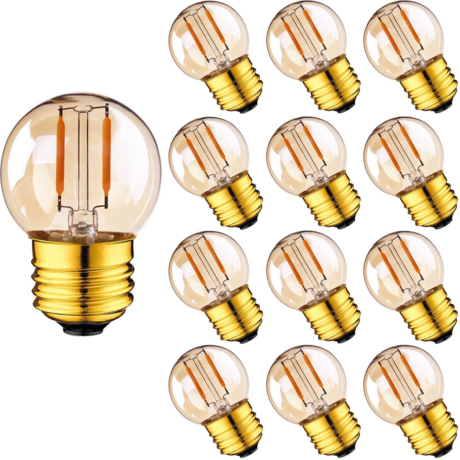 E26 G40 LED Globe Light Bulbs 1W(10W Equivalent ) Dimmable- E26 Base Vintage Night Light Warm Yellow 2200K String Light Bulbs for Decorative Lights Amber Glass, AC110V, CRI>80, Pack of 12