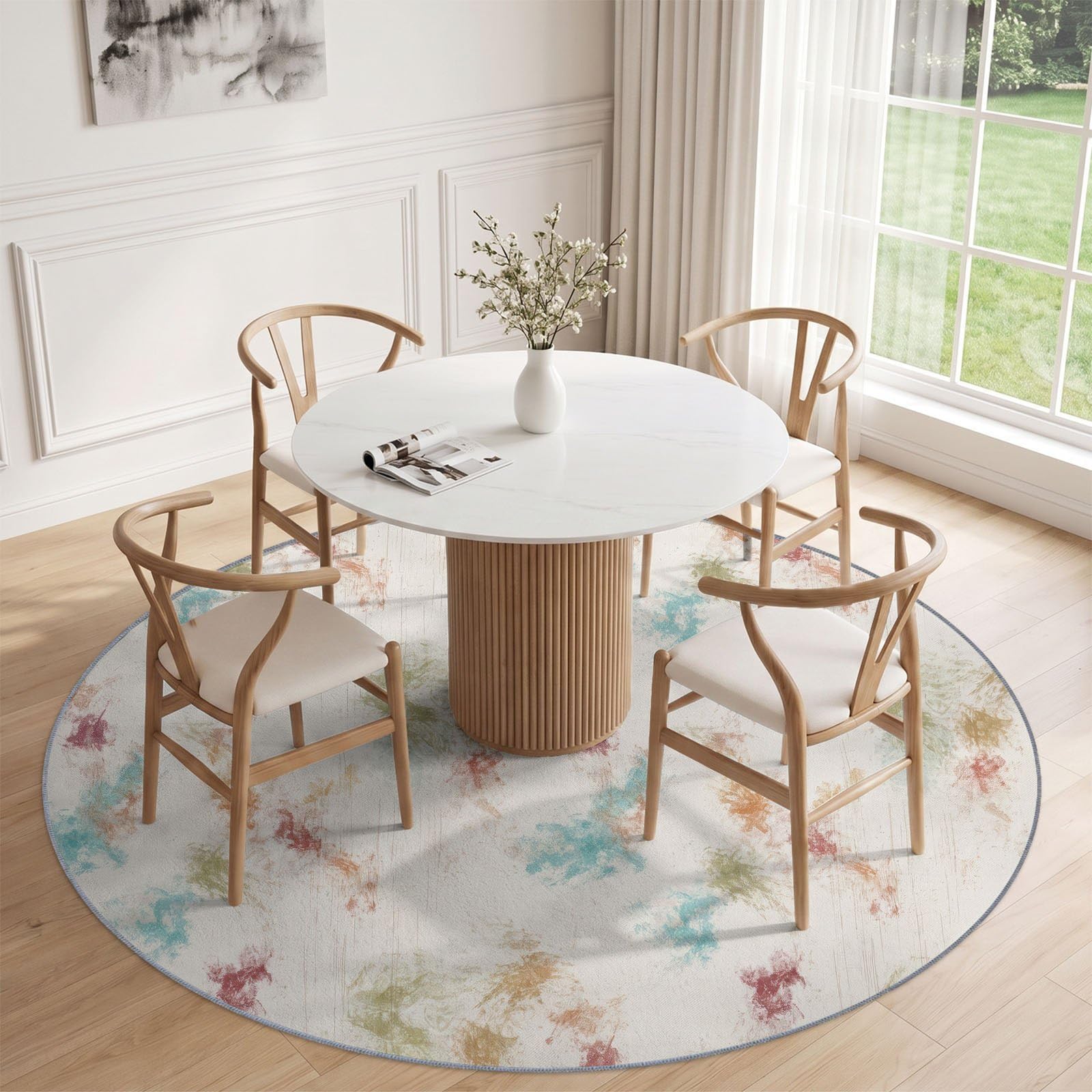 Tapis Rond Abstrait Moderne 120 cm, Éclaboussure Géométrique Lavable en Machine pour Salon, Multicolore Antidérapant, Poil Court Tapis Rond Imprimé pour Chambre d’Enfant Nurserie