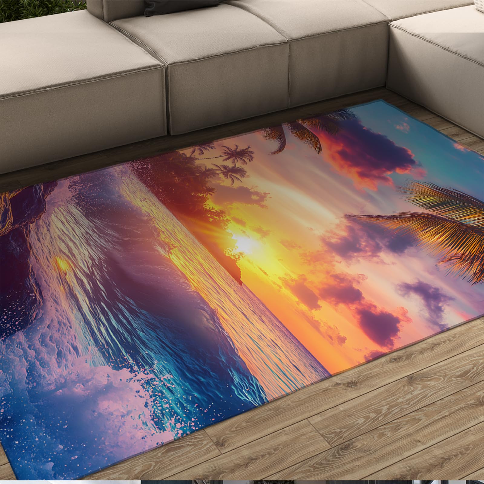 Wschód słońca Dywaniki, zielone palmy, tropikalna wyspa, fale morskie, dywan do mieszkania, patio, niskie runo, wycieraczka pod drzwi, zmywalny, 120 x 180 cm