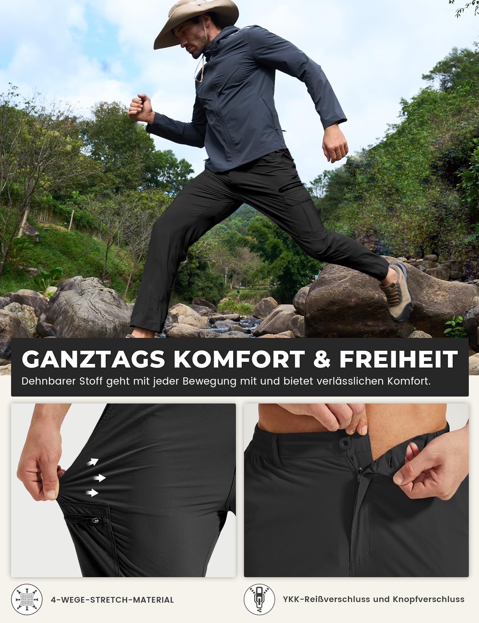 MOURCE Pantalon de randonnée léger pour homme - Séchage rapide - Imperméable - Avec 7 poches - Pour le camping, la pêche, l'extérieur