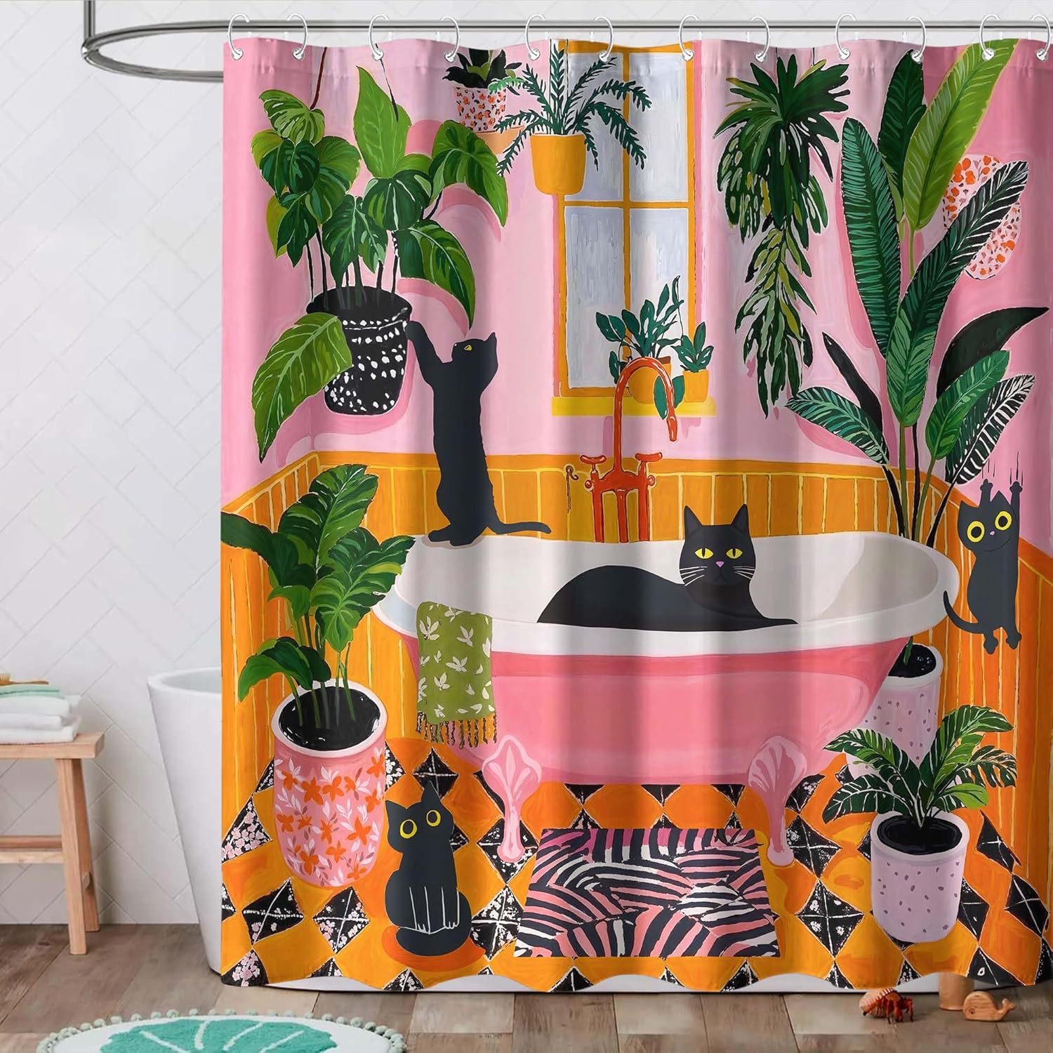 Fowocu Funny Cat Shower Curtain Boho Cute Fun Black Cats Matisse Shower Curtains for Bathroom Kitten Green Tropical Plant Leaves Pink Orange Yellow Waterproof Fabric Bath Curtain Decor 72 X 84 Inches