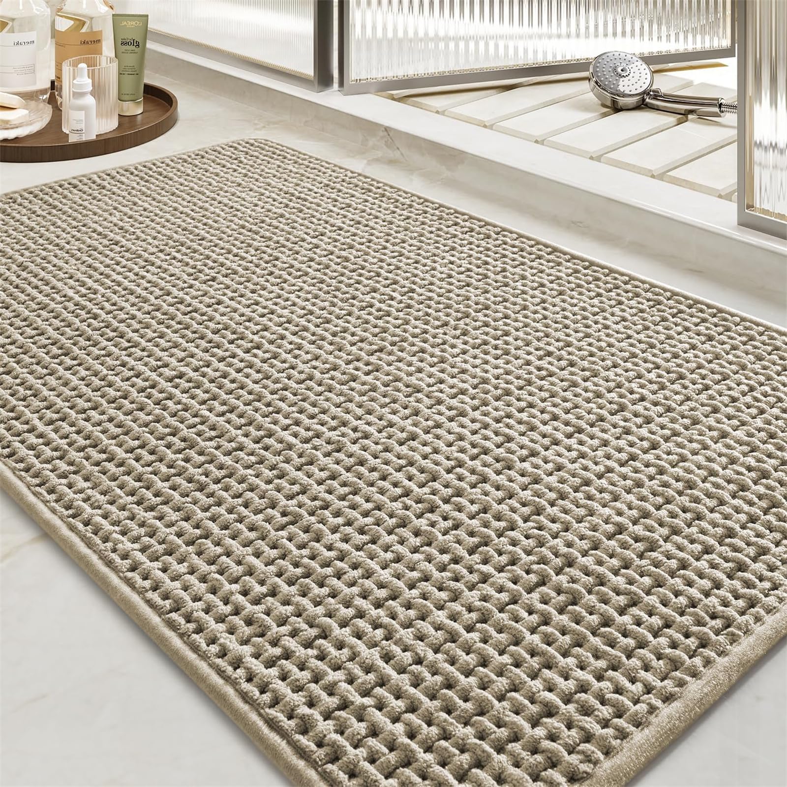 Alfombrilla de baño de felpilla suave y absorbente, antideslizante, lavable a máquina, color beige, 40 x 60 cm