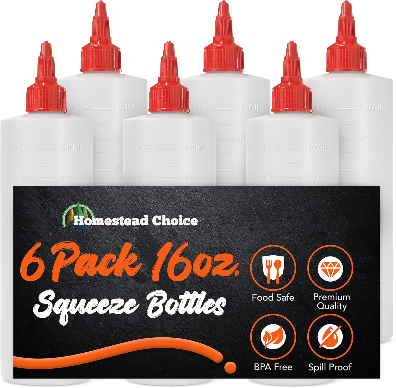 6-pack Plastic Squeeze Bottles for Sauces - 16oz Condiment Squeeze Bottles