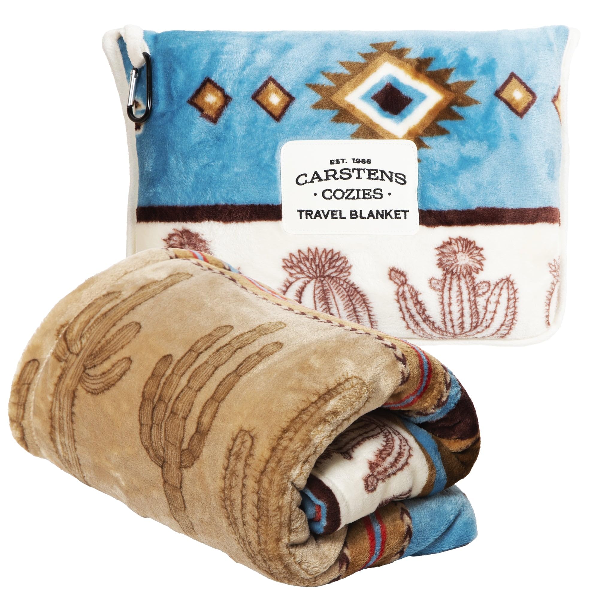 CARSTENS, INC. Travel Blanket, Premium Compact 2-in-1 Airplane Blanket/Pillow, Cactus Stripe