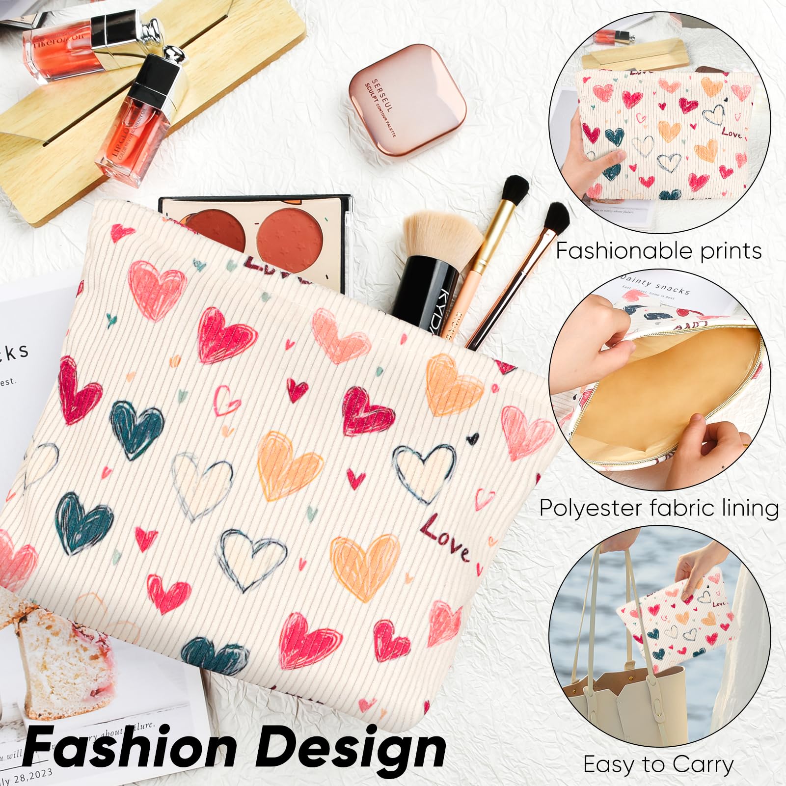 Ksriylm Cute Heart Cosmetic Bag for Women,Canvas Toiletry Organizer Storage with Purse Zipper,Small Multifunctional Travel Makeup Bag,Aesthetic Travel Toiletry Bags - Image 4