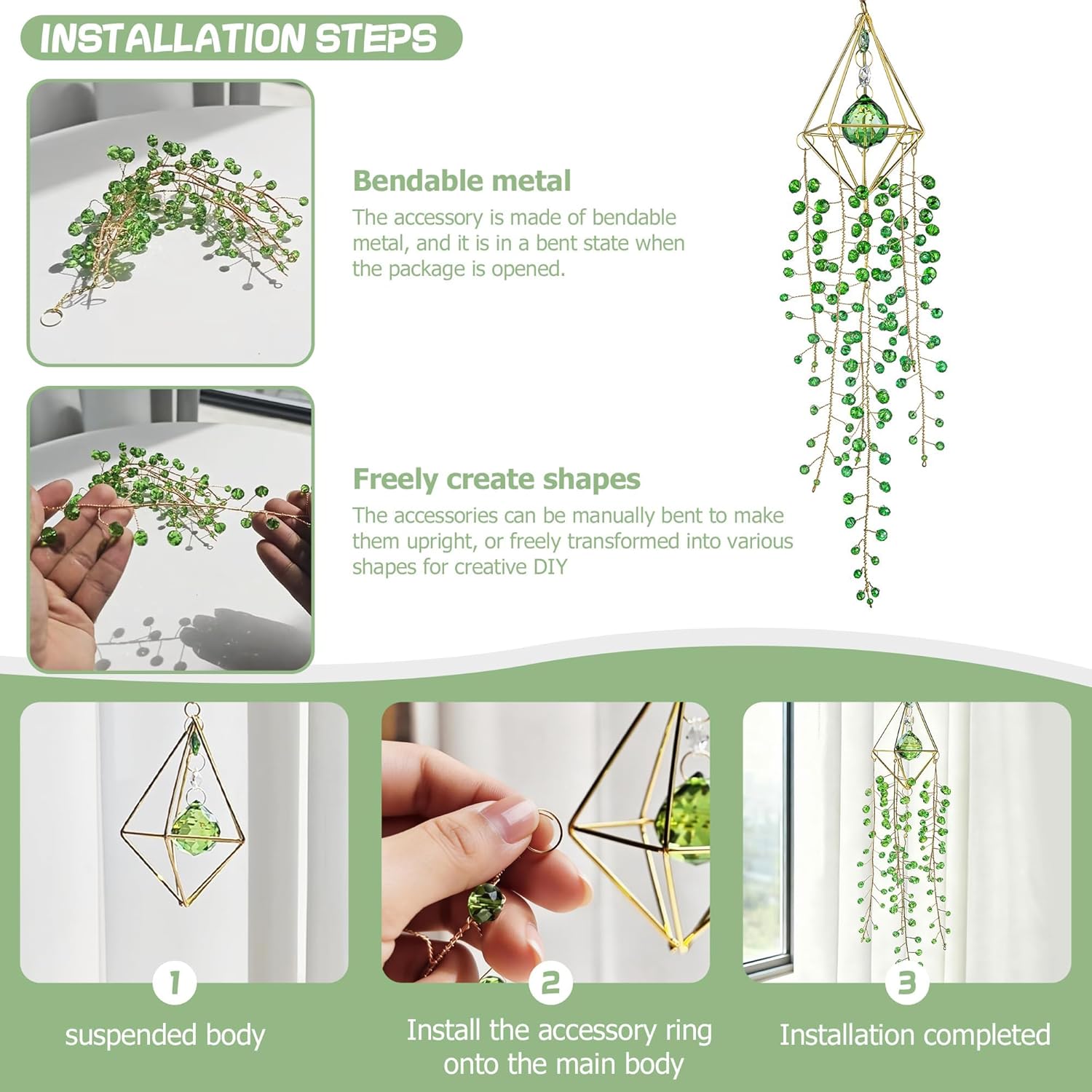 H&D HYALINE & DORA Crystal Suncatcher Glass Wind Chimes Sun Catchers Rainbow Plant Suncatcher for Window Hanging Home Garden Decor (15.4inch,Green)