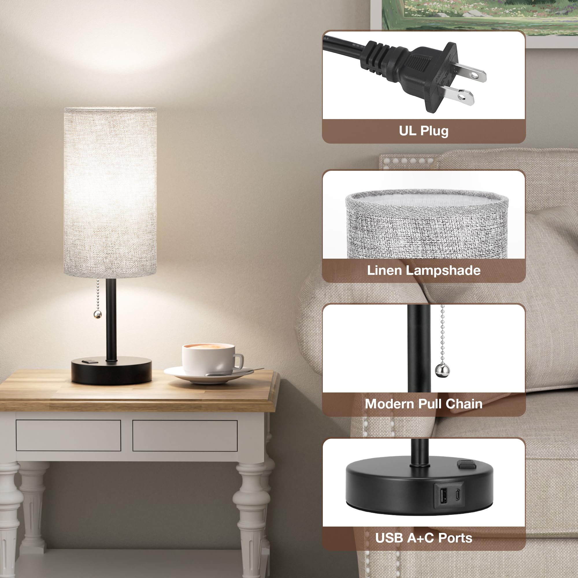 Nachttischlampe für Schlafzimmer, Nachttisch, hohe Tischlampe mit USB-A + C-Ladeanschluss und AC-Steckdose, 3 Farbtemperaturen, Zugkette, Beistelltisch, Leselampe für Wohnzimmer, 44 cm, Grau