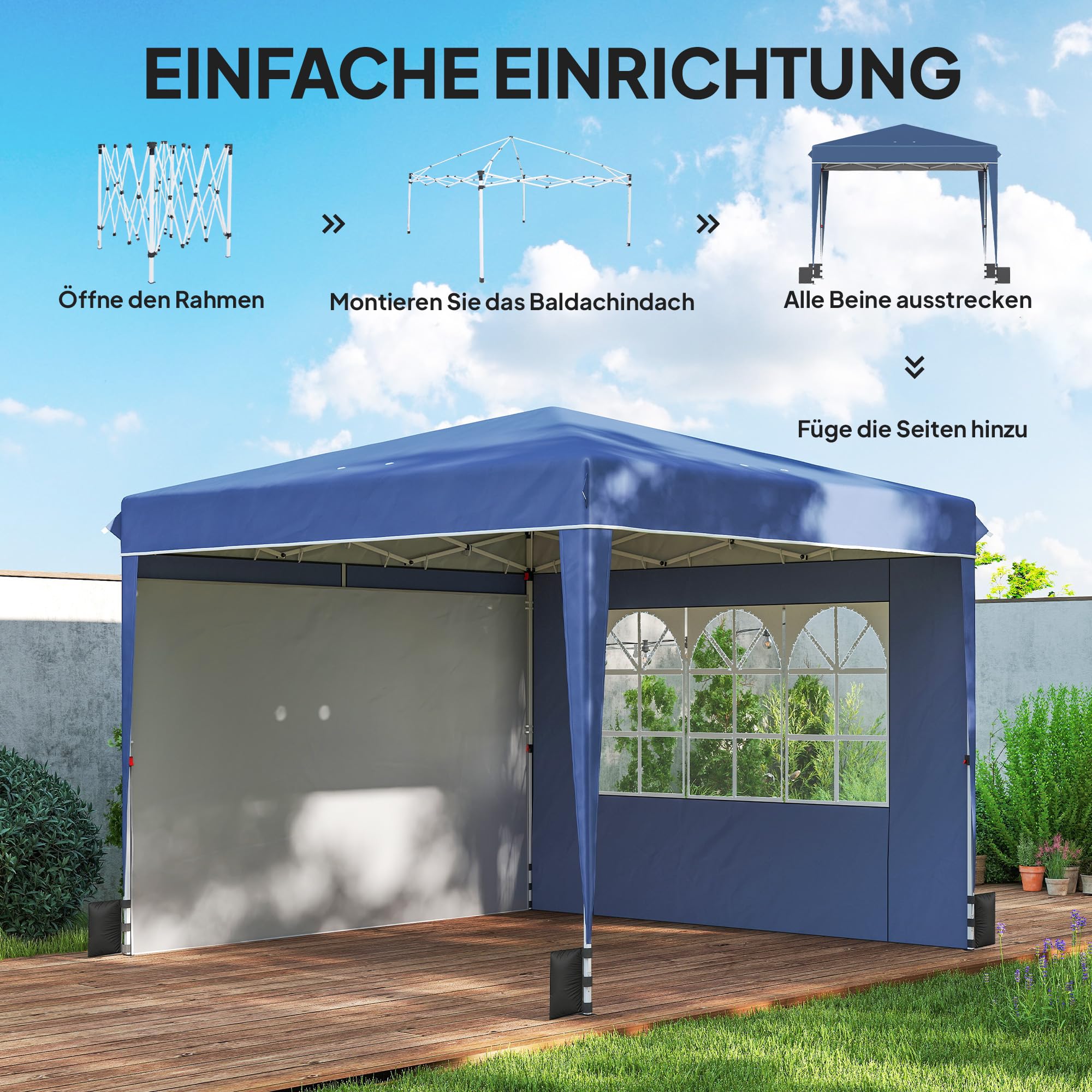 Outsunny Pavillon 3 x3 m Wasserdicht Höhenverstellbar Pop-up Dunkelblau
