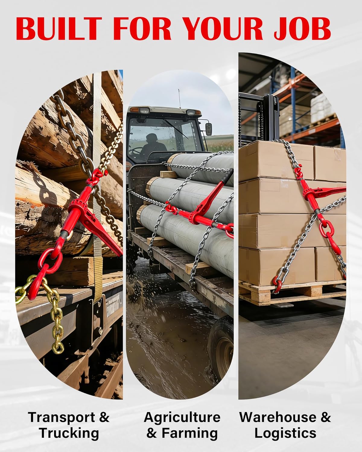 Ratchet Chain Binders - Fits 3/8" & 1/2" Chain, 9,400 lbs WLL, Adjustable Length for Secure Transport & Towing, 4 Pack