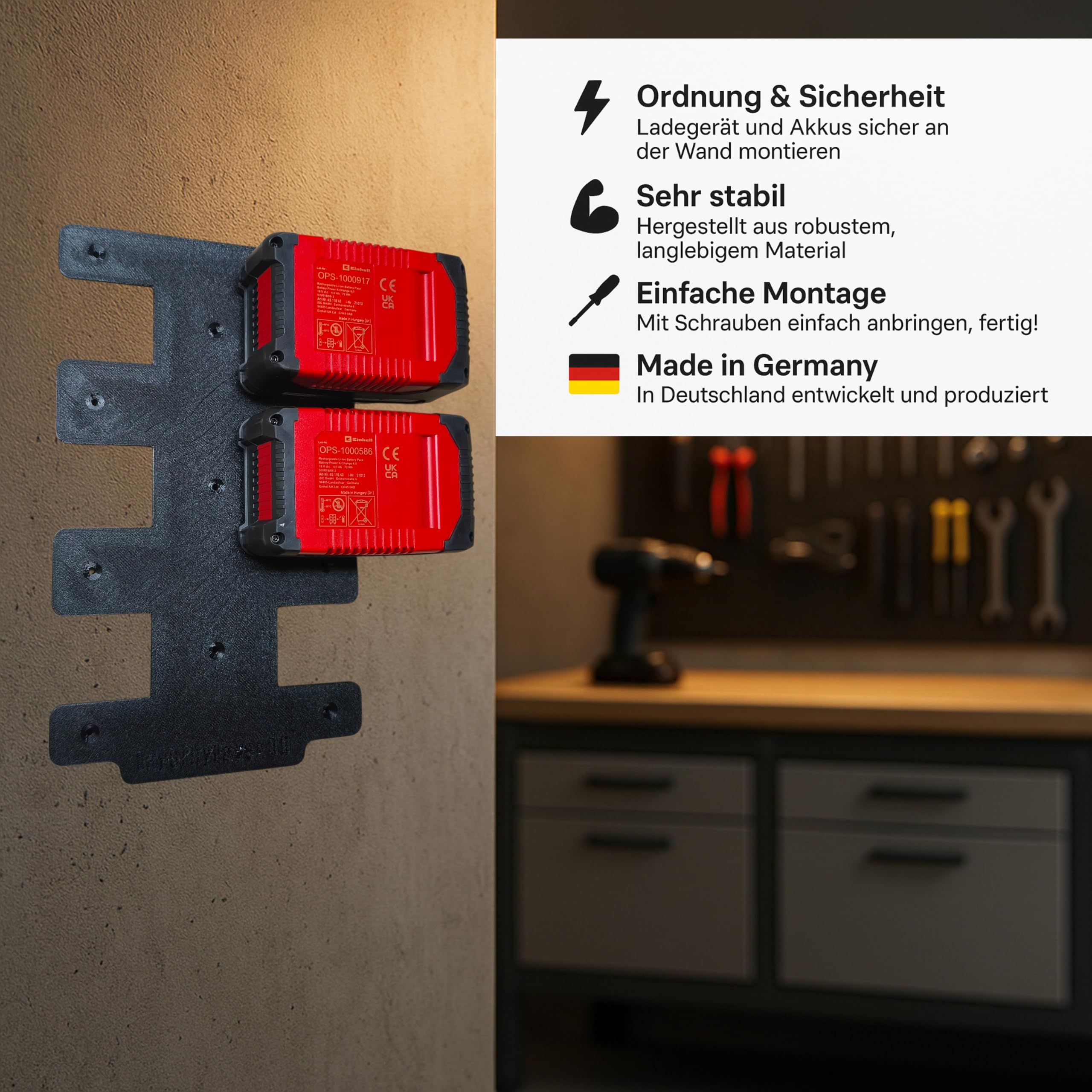 Wandhalterung für Einhell Akkus & Ladegeräte [Made in Germany] Akkuhalter für 18V Akkus - Einhell Wand Halterung Ladegerät - Akku Wandhalterung für Ordnung & System (6-Fach 18V Akkuhalter)