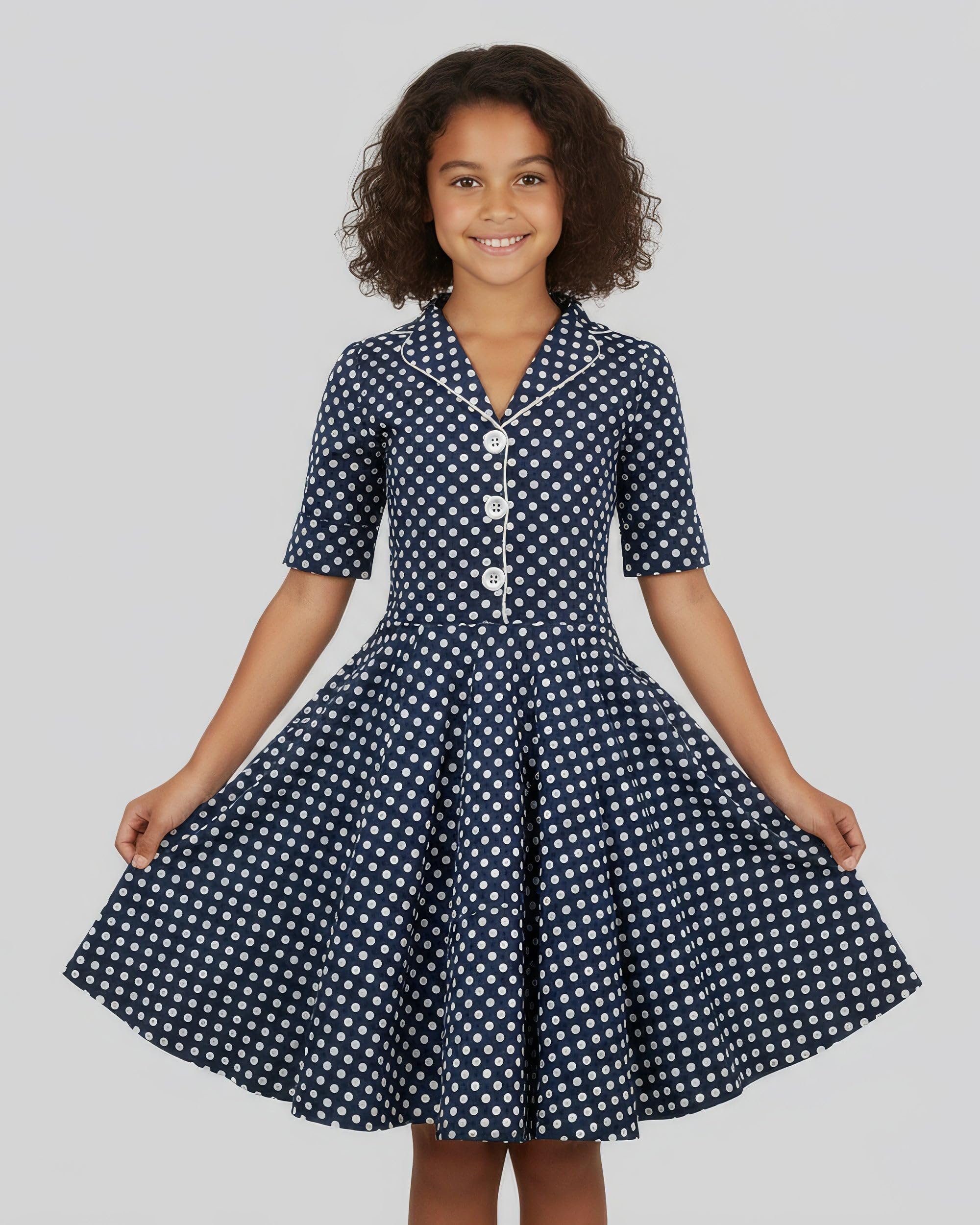 BlackButterfly Mädchen Kleid Sabrina Punkte | Tellerrock, Kurze Ärmel, Bubikragen, Knopfleiste, Gefüttert, Reißverschluss Seitlich, Zum Drehen, 3-14 Jahre