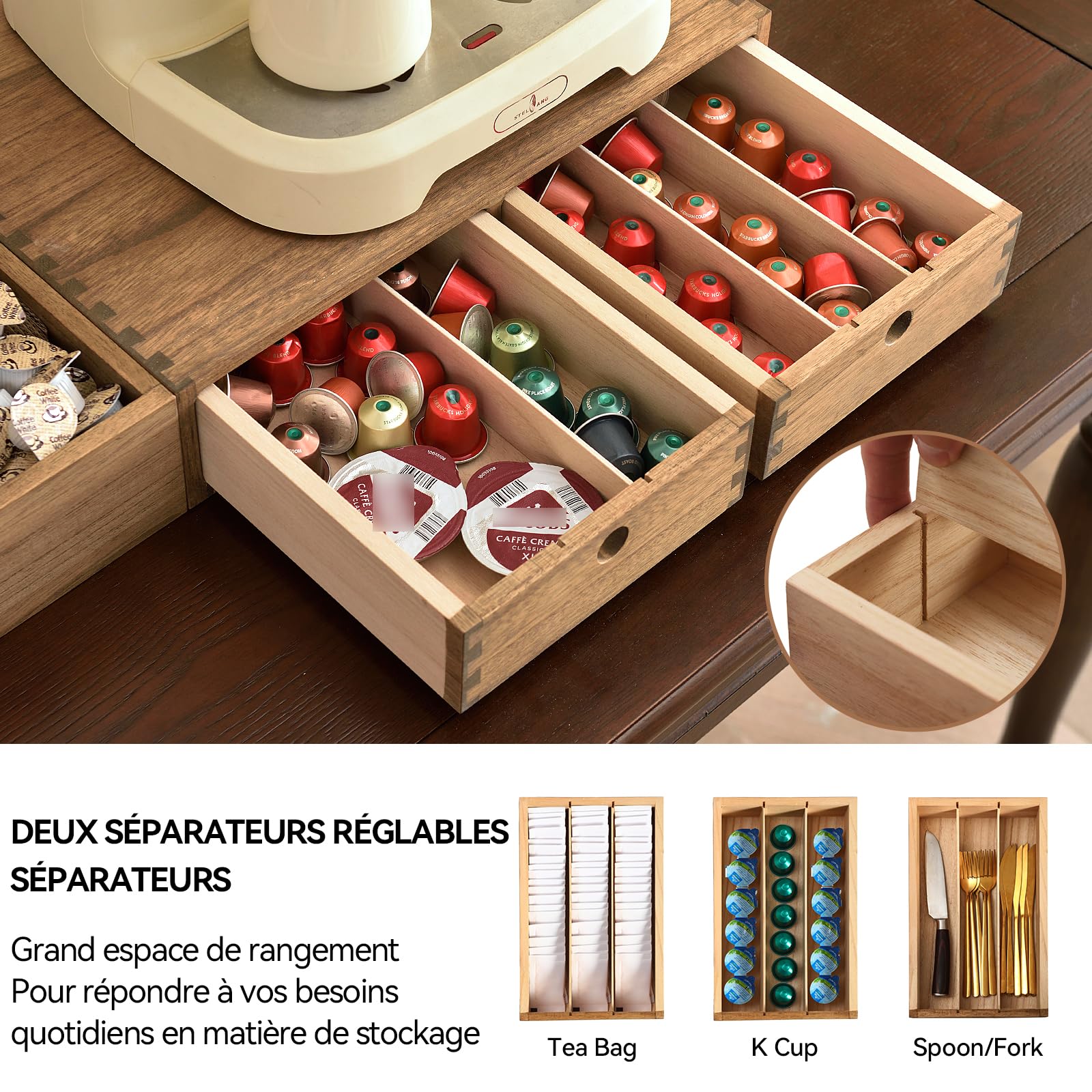 KIRIGEN Coffret Organisateur Café et Thé en Bois – Idée Cadeau pour Bureau ou Cuisine, avec Tiroirs – Jaune-Brun