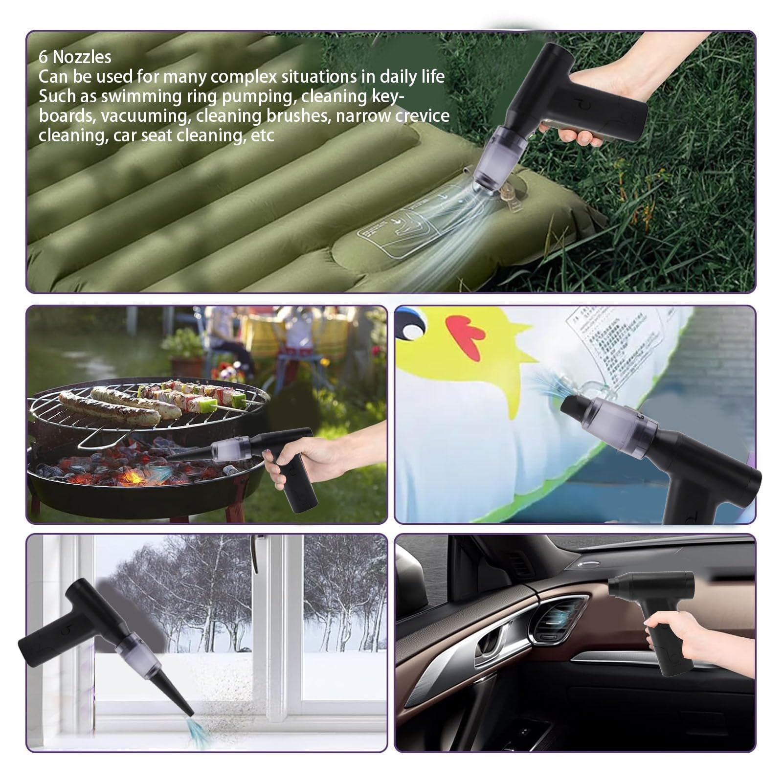Plumero de Aire Comprimido, Soplador de Aire Inalámbrico Recargable Ajustable de Velocidad Continua con 6 Conectores, Ideal para Limpiar Teclados, Cámaras de PC, Camas de, Aleación de
