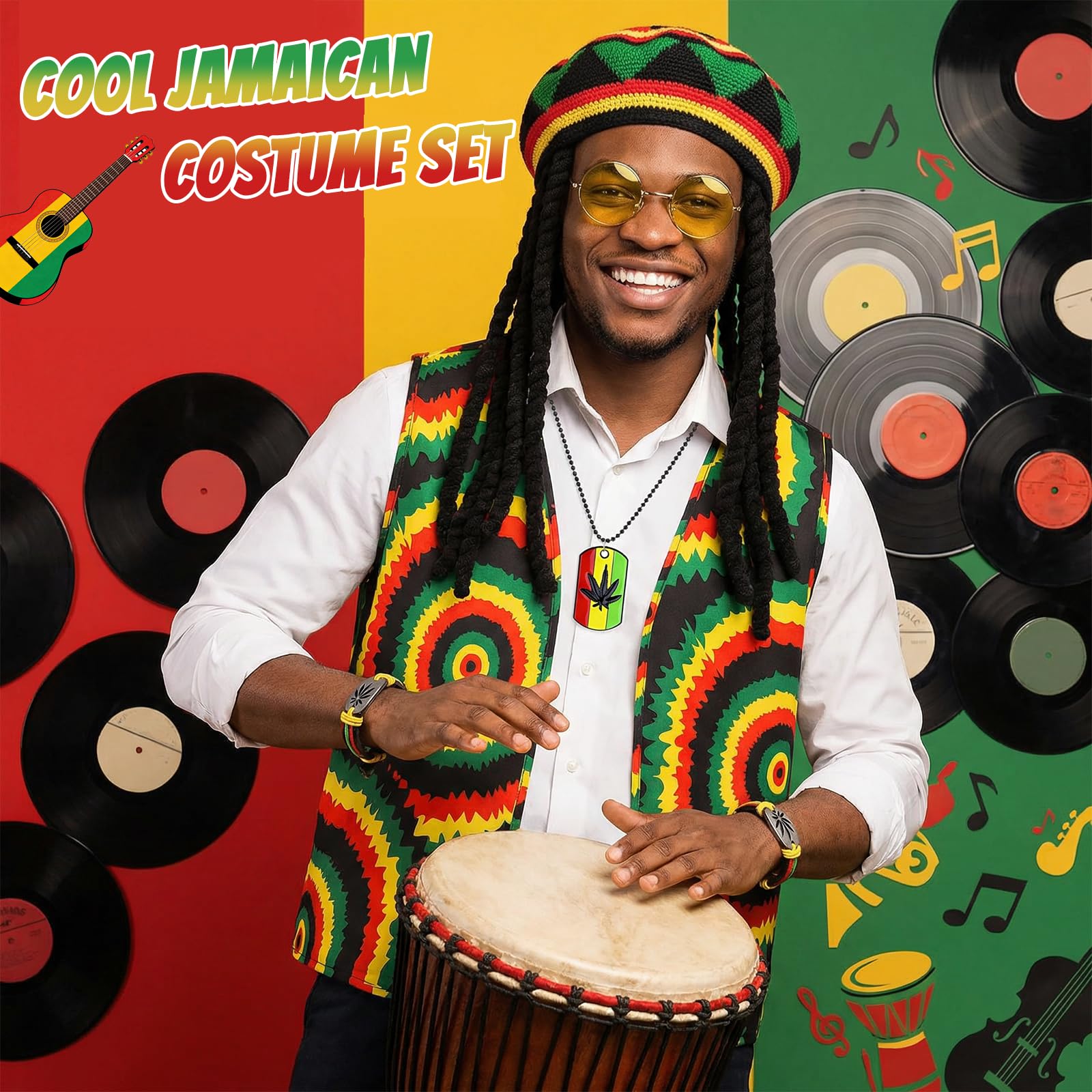 5Pcs Reggae Fancy Dress for Men Jamaican Rasta Costume Accessories Set including Caribbean Vest Rasta Hat with Dreadlocks Glasses Necklace Bracelet for Women Carnival Masquerade Halloween Cosplay Party - Image 4