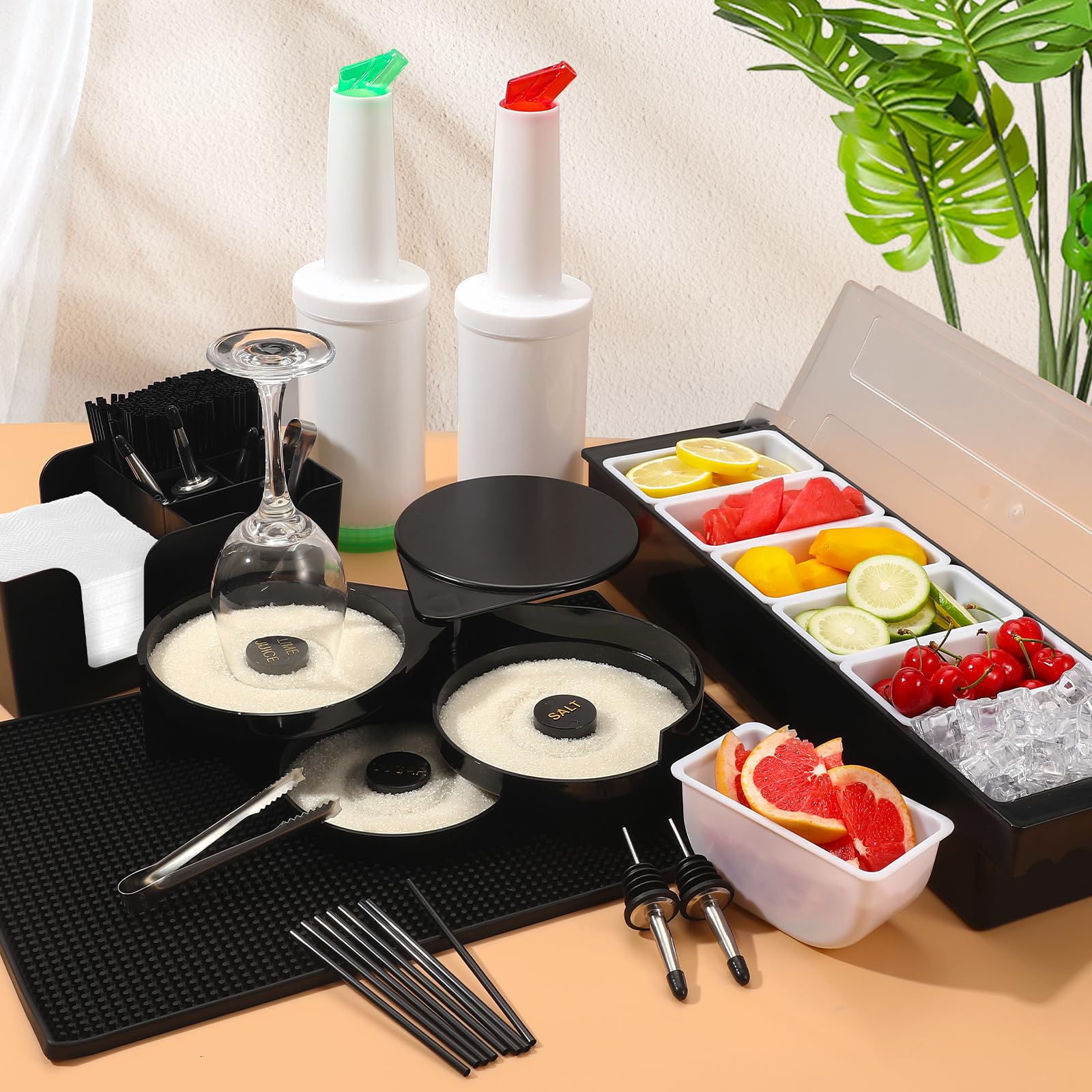 Set di forniture per barista, vassoio per guarnire con coperchio bar Caddy 45 x 30 cm, tappetino da bar a 3 ripiani in vetro (6 griglie)