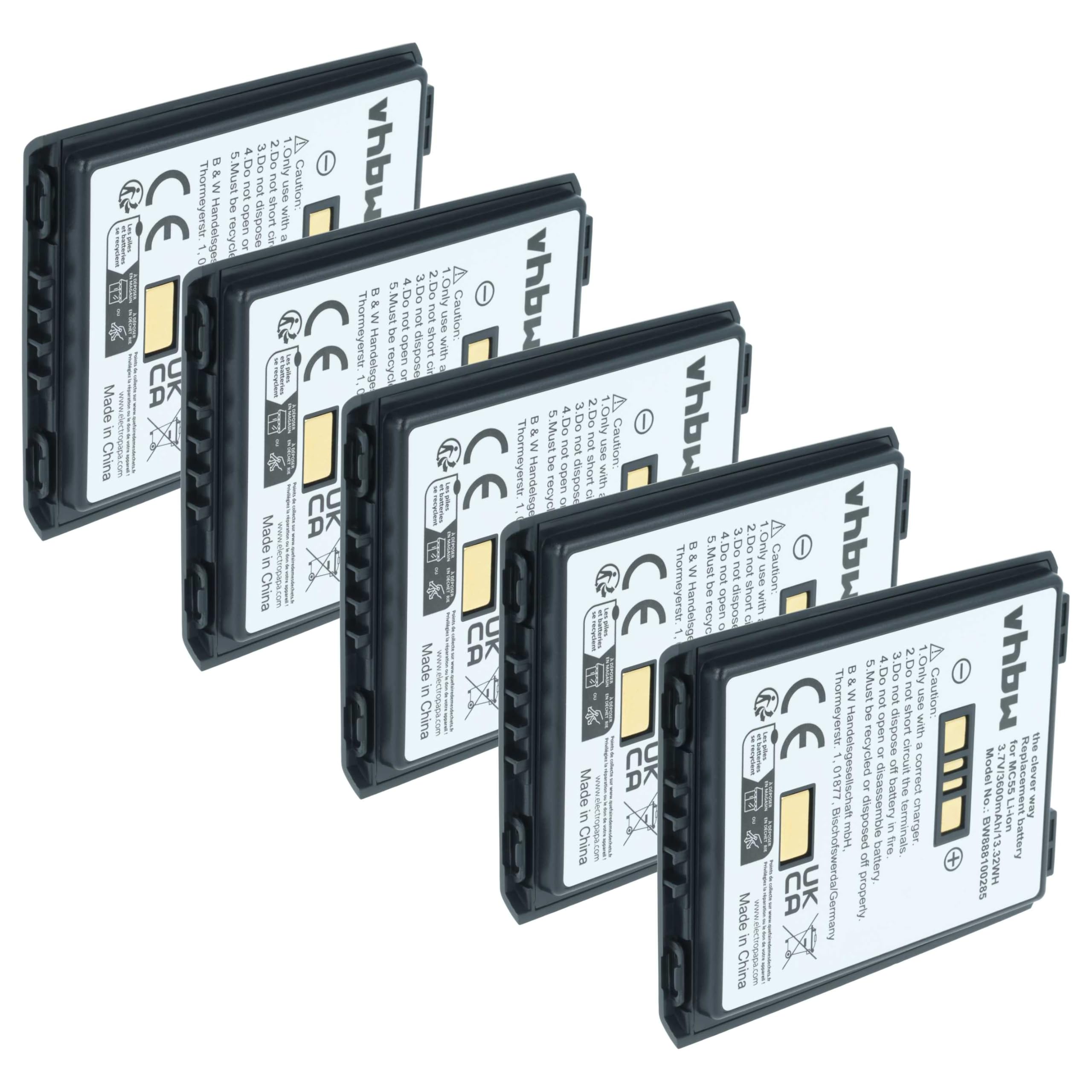 vhbw 5X Akku Ersatz für Symbol BTRY-MC55EAB02 | 82-111094-01, U60493 für Mobilcomputer PDA Scanner (3600 mAh, 3,7 V, Li-Ion)