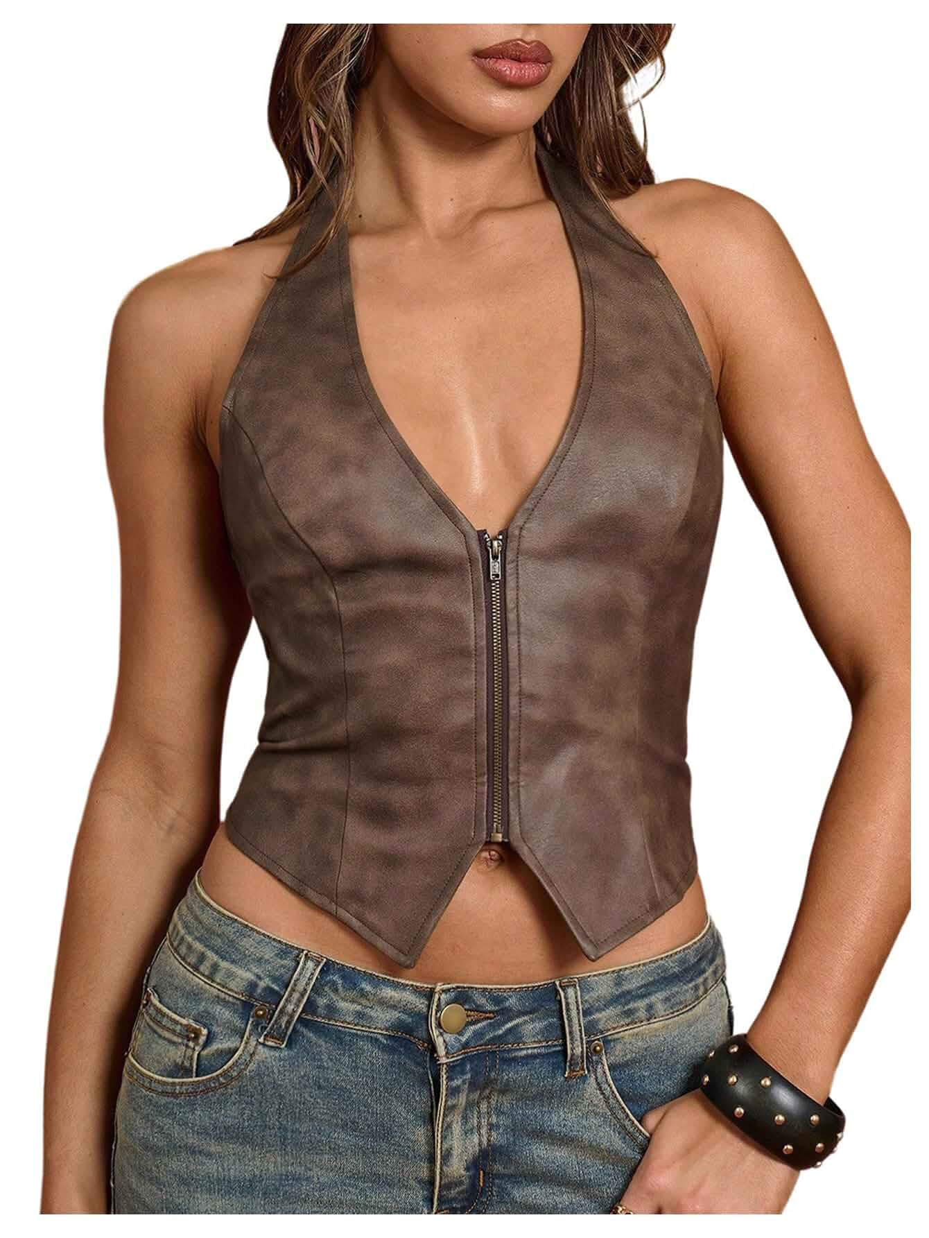 SweatyRocks Women's PU Faux Leather Tops Western Outfit Lace Up Back Vest Sexy Leather Halter Tops, Concert Outfits, Leather Vest, Party Clubwear, V Neck Tops
