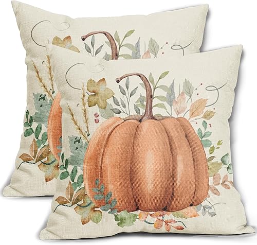 Juego de 2 fundas de almohada de otoño de 18 x 18 pulgadas, diseño de hojas de calabaza naranja naranja con estampado de hojas de calabaza para